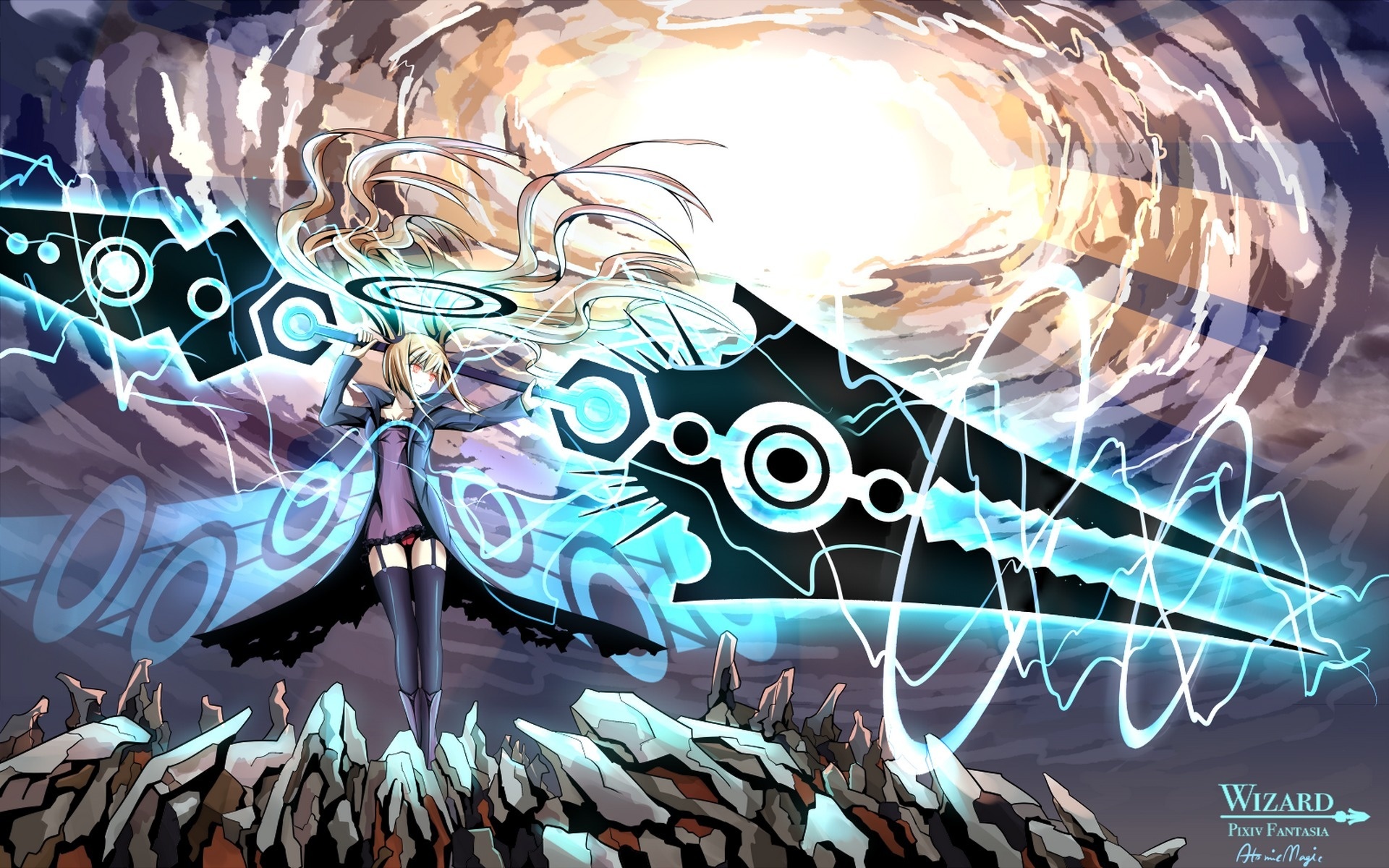 1920x1200 Wallpaper girl, clouds, weapons, art, cloak, halo, pixiv fantasia, langjiao for mobile and desktop, section аниме, resolution 1920x1200