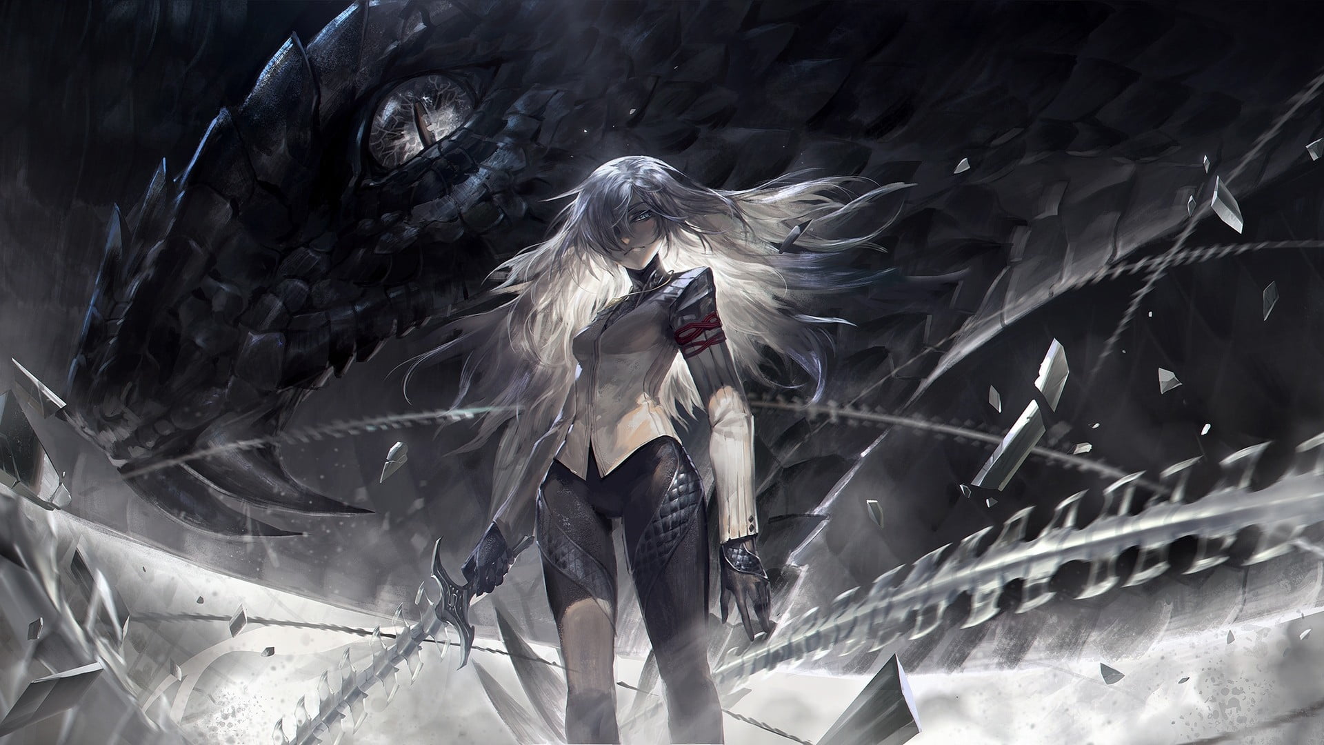 1920x1080 Pixiv Fantasia, dragon, white hair, sword HD wallpaper