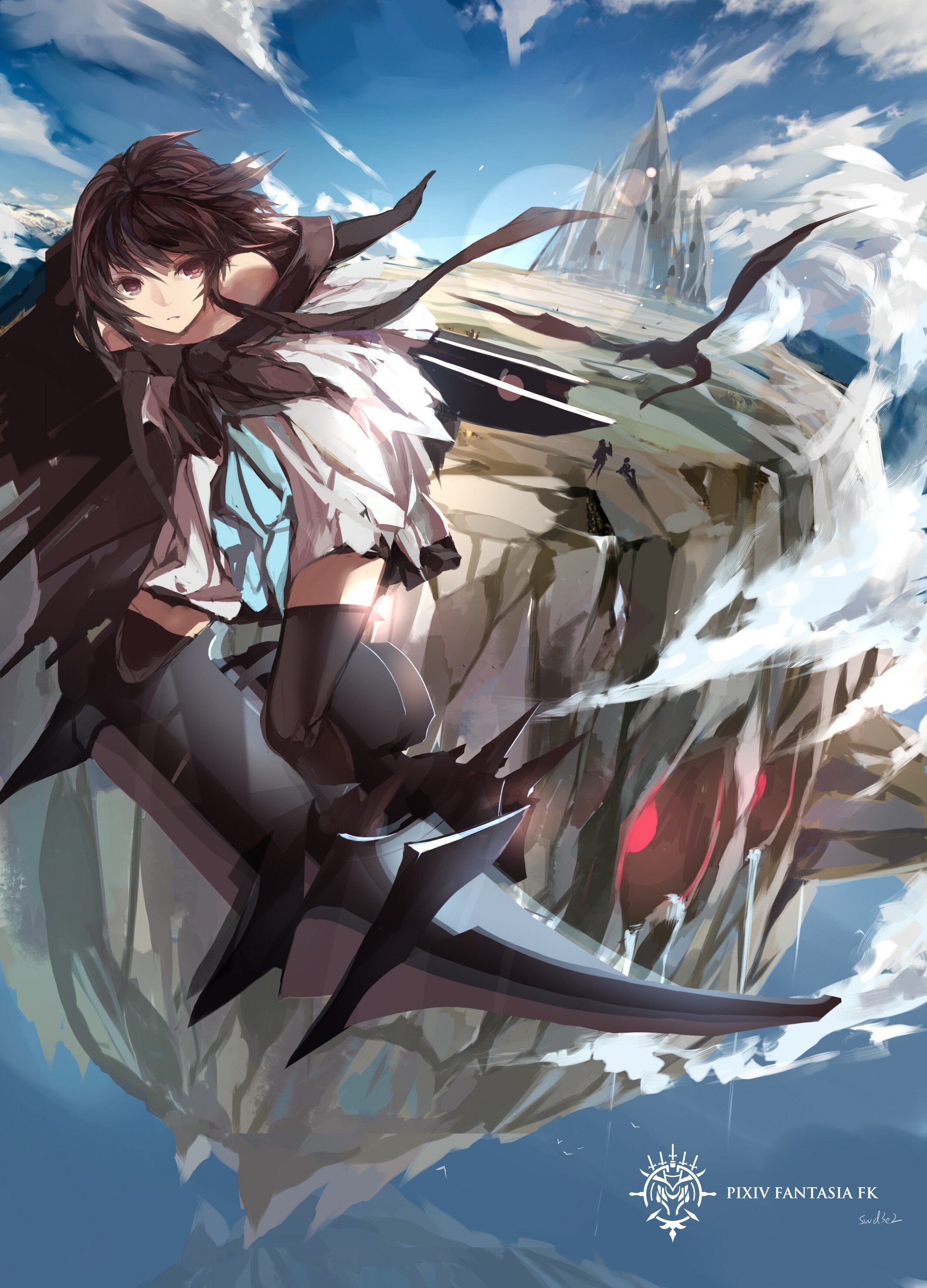 2125x2952 Pixiv Fantasia, Paradise (pffk), Original characters, Short hair, Thigh highs, Sky, Clouds, Creature, Swd3e Anime girls, Anime Wallpaper HD / Desktop and Mobile Background