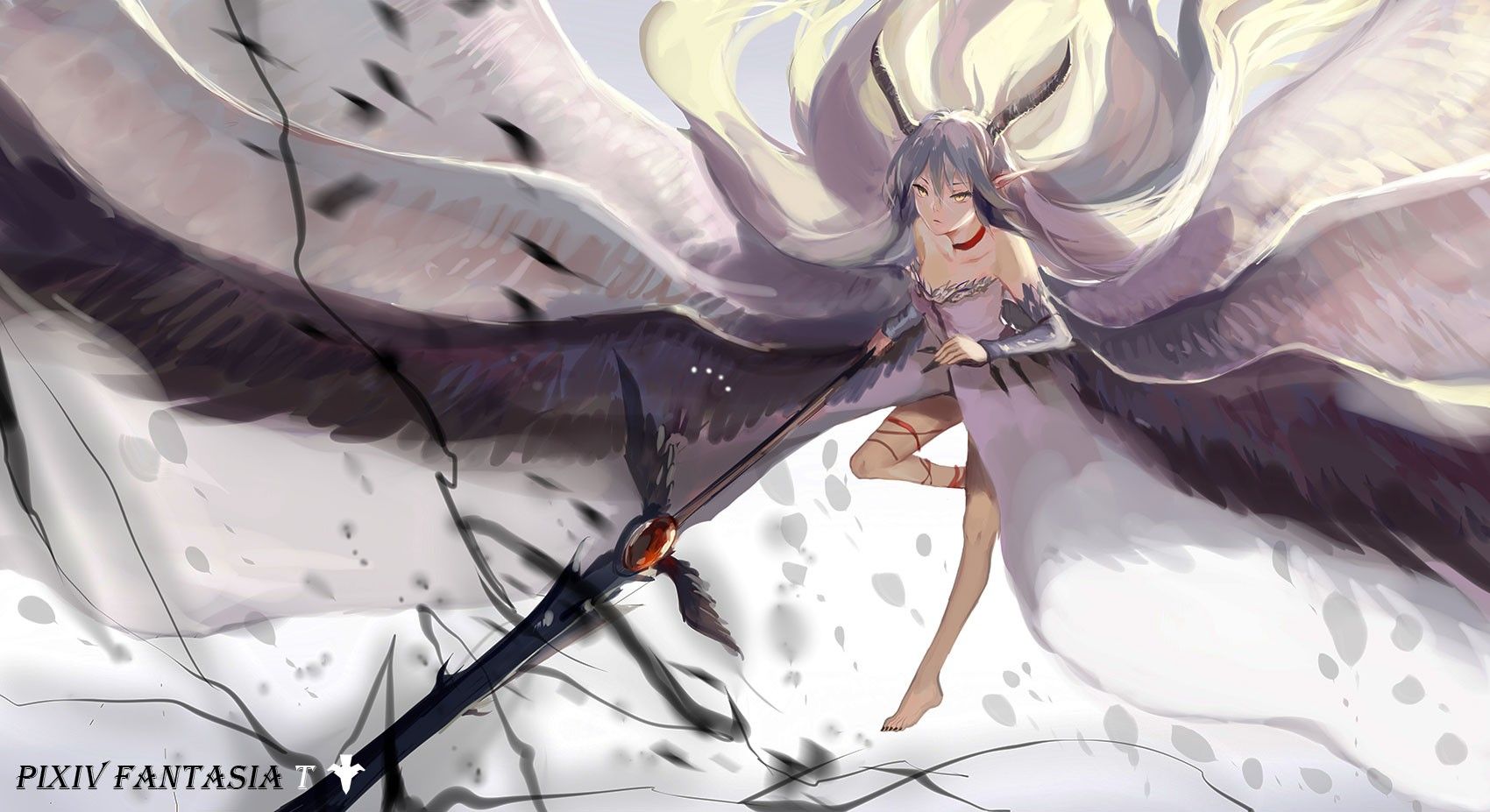 1700x927 fantasy girl, barefoot, anime girls, anime, wings, weapon, Pixiv Fantasia, fantasy art, spear, Pixiv, yellow eyes, pointy earsx927 Wallpaper