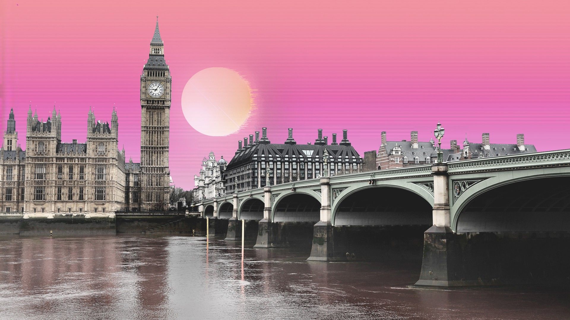 1920x1080 United Kingdom Big Ben Bridge London Palace Of Westminster HD Vaporwave Wallpaper