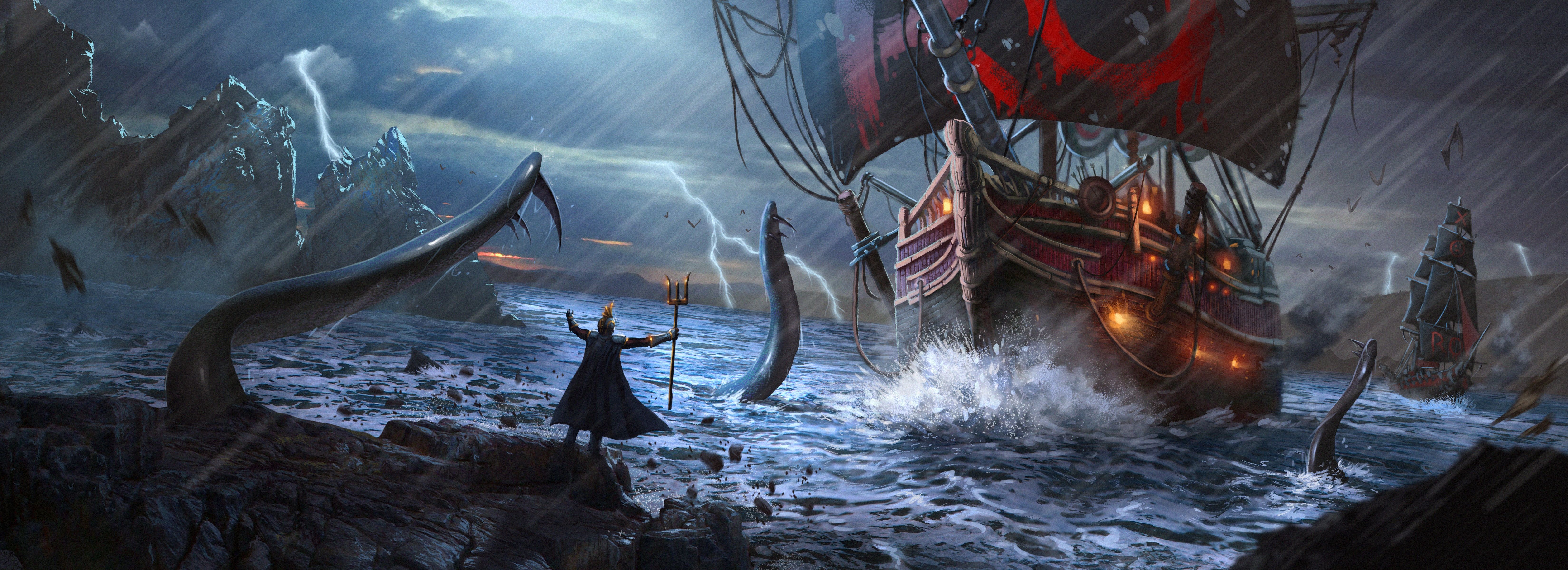 6600x2400 Stormy Clash: Sea Monster Vs Fantasy Ship In Lightning Filled Rain By Alexander Cutrix2400