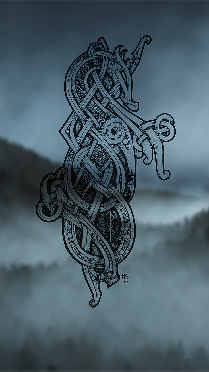 728x1294 HD wallpaper: Jormungandr, Vikings, blurred, dark, dragon