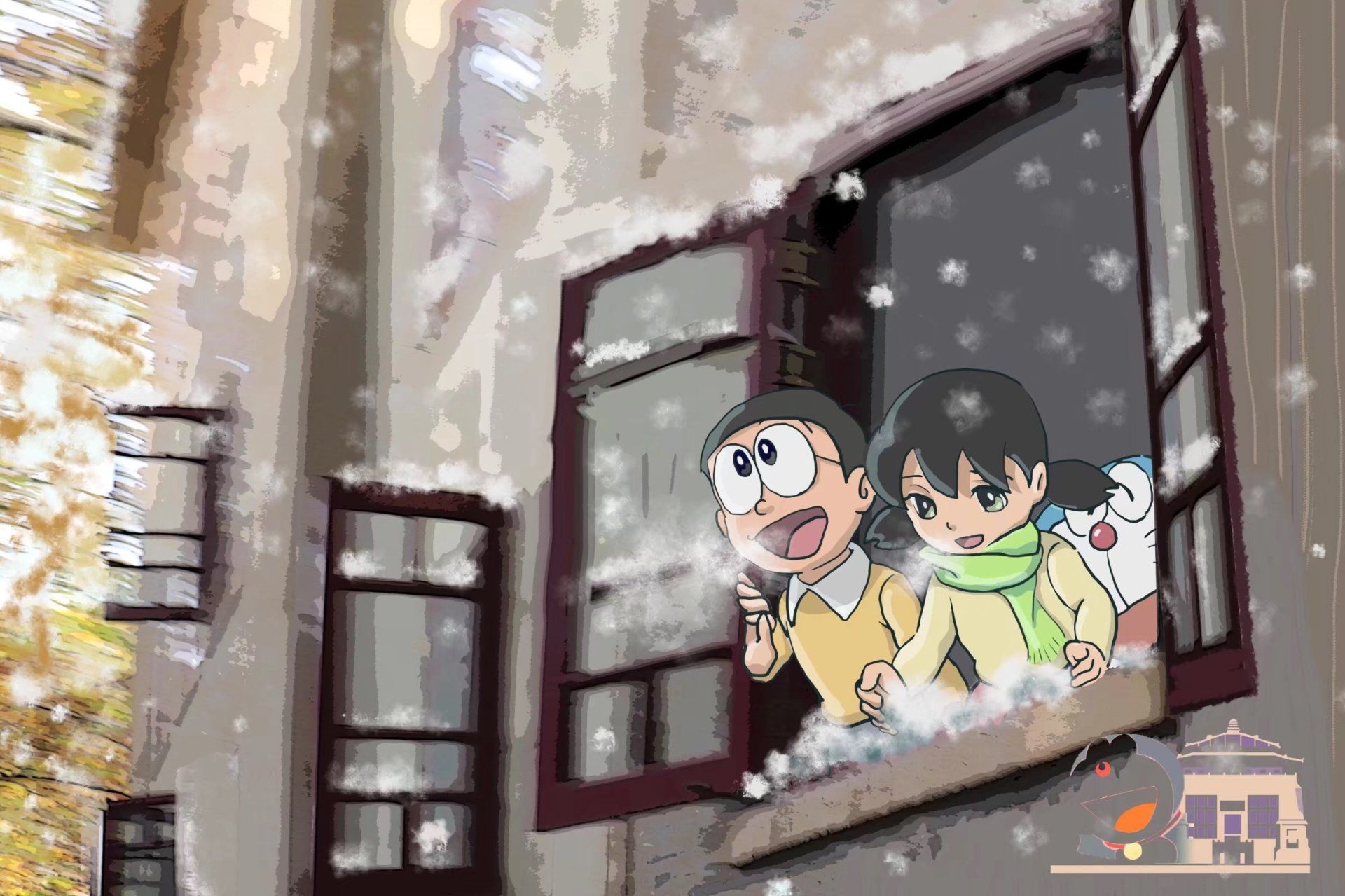 1920x1279 Doraemon's Winter Window: Shizuka & Nobita in HD Anime Magic by 不吃草的狸猫x1600
