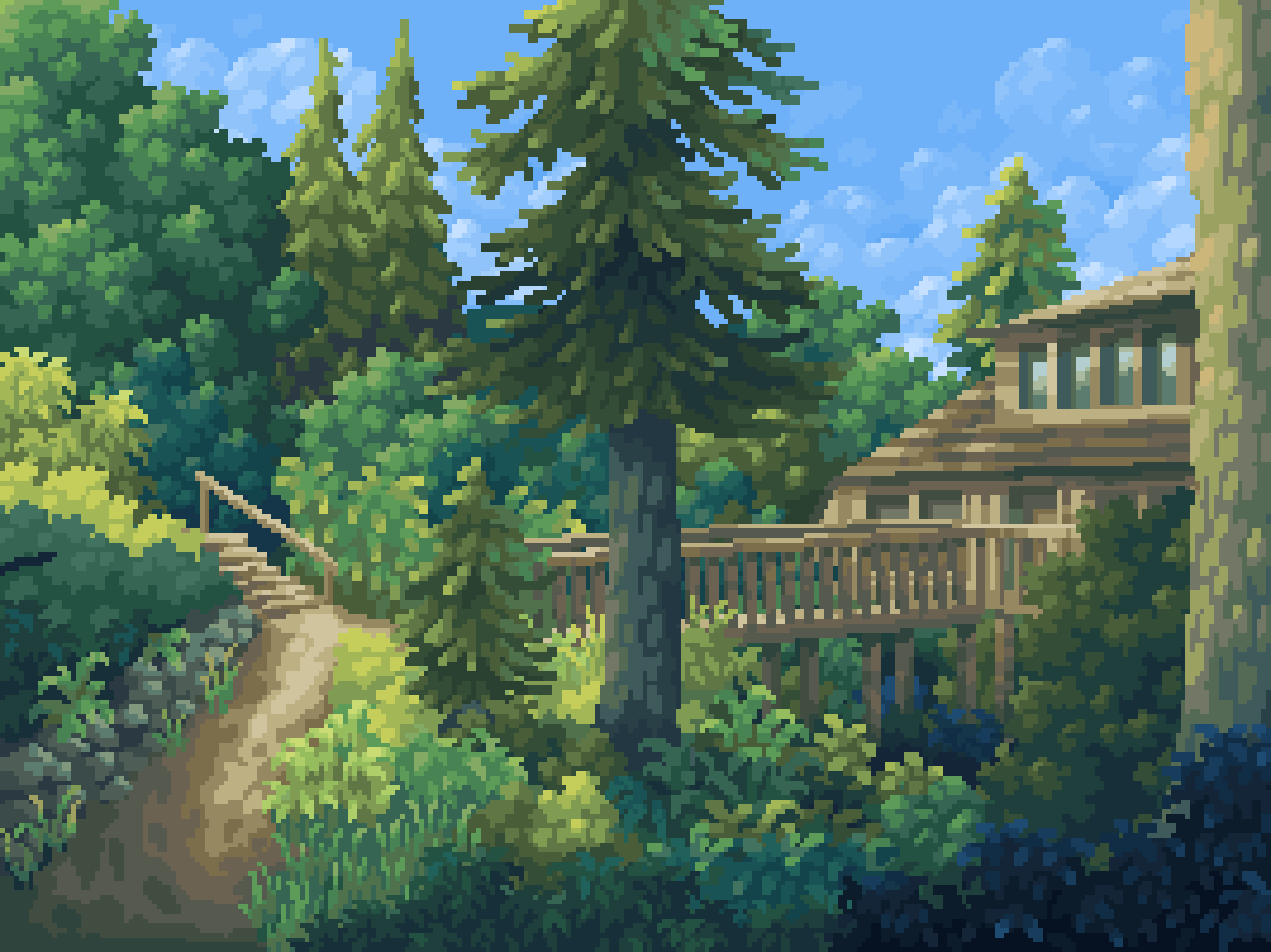 1335x1000 Pixel Art Forest Scene with House. Pixel art tree and path, Greenery pixel art scene
