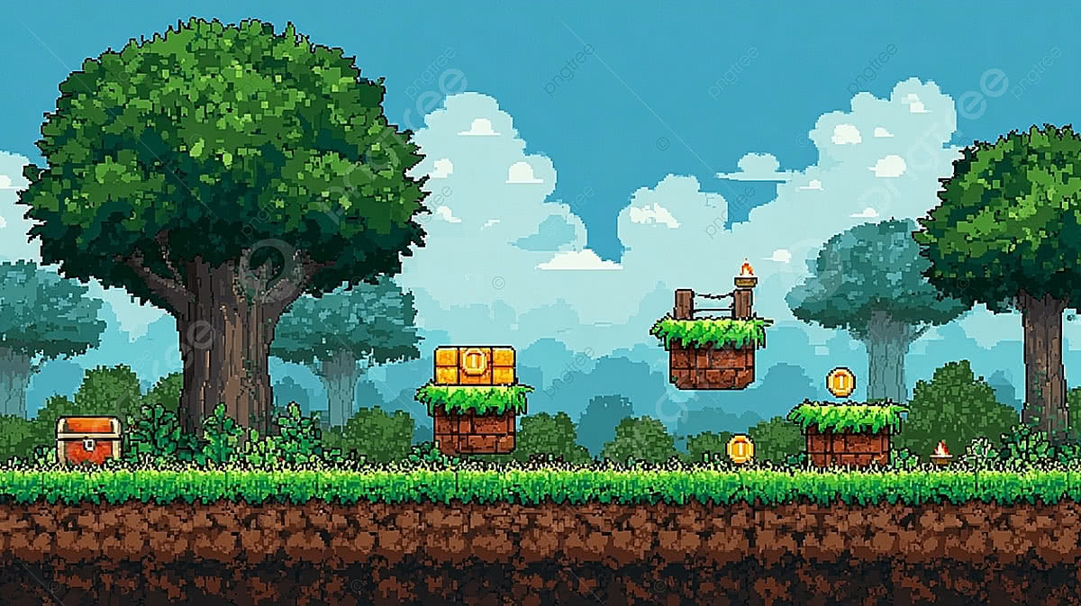 1200x673 Pixel Game Background With Coins In Blue Sky, Vintage, Bright, Tree Background Image And Wallpaper for Free Download