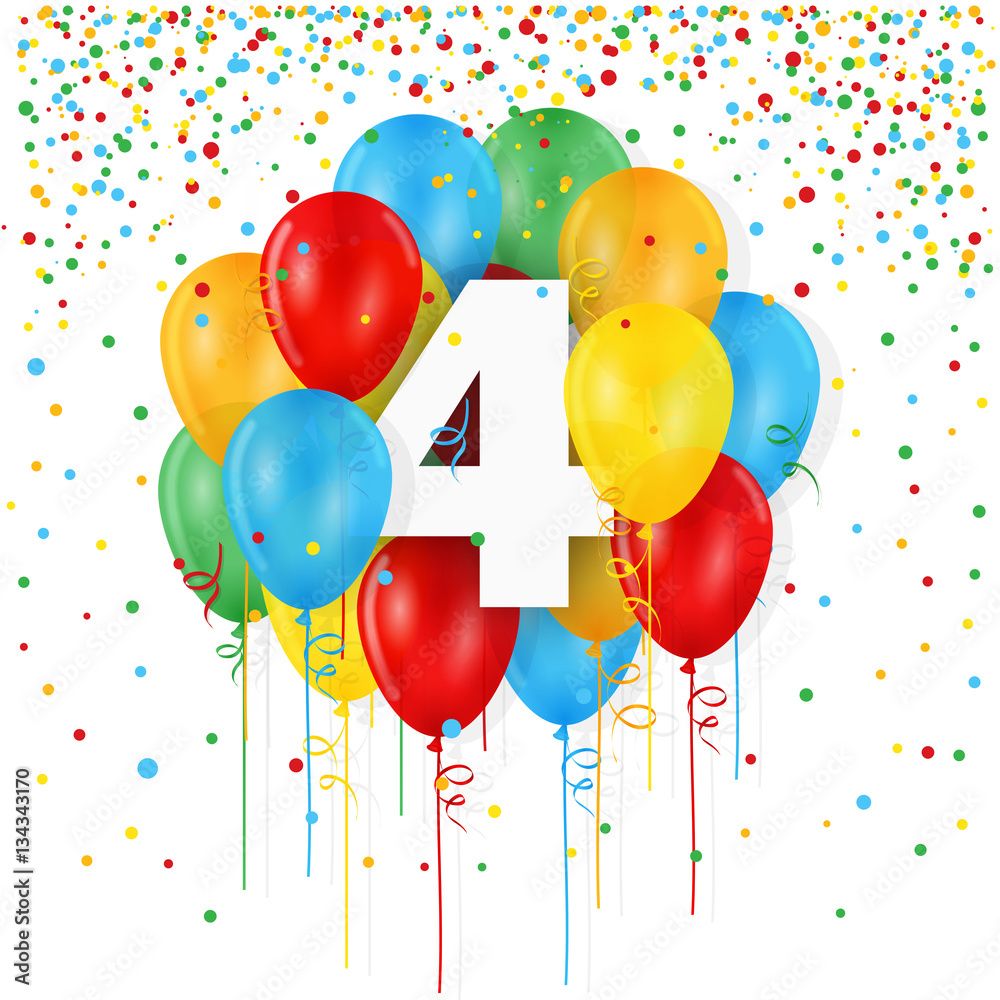 1000x1000 HAPPY 4th BIRTHDAY Card with bunch of balloons and streamers Stock Vector
