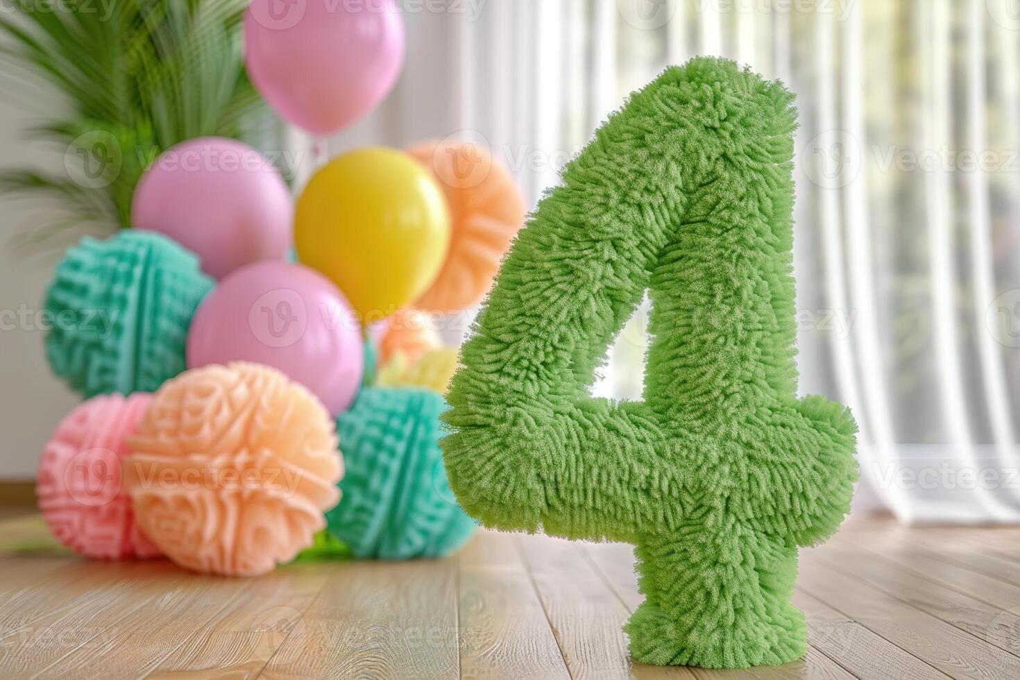 1470x980 Vibrant, green and fluffy number four with blurred balloons on the background. Playful symbol 4. Invitation for fourth birthday celebration. Children, kids party. Greeting card design