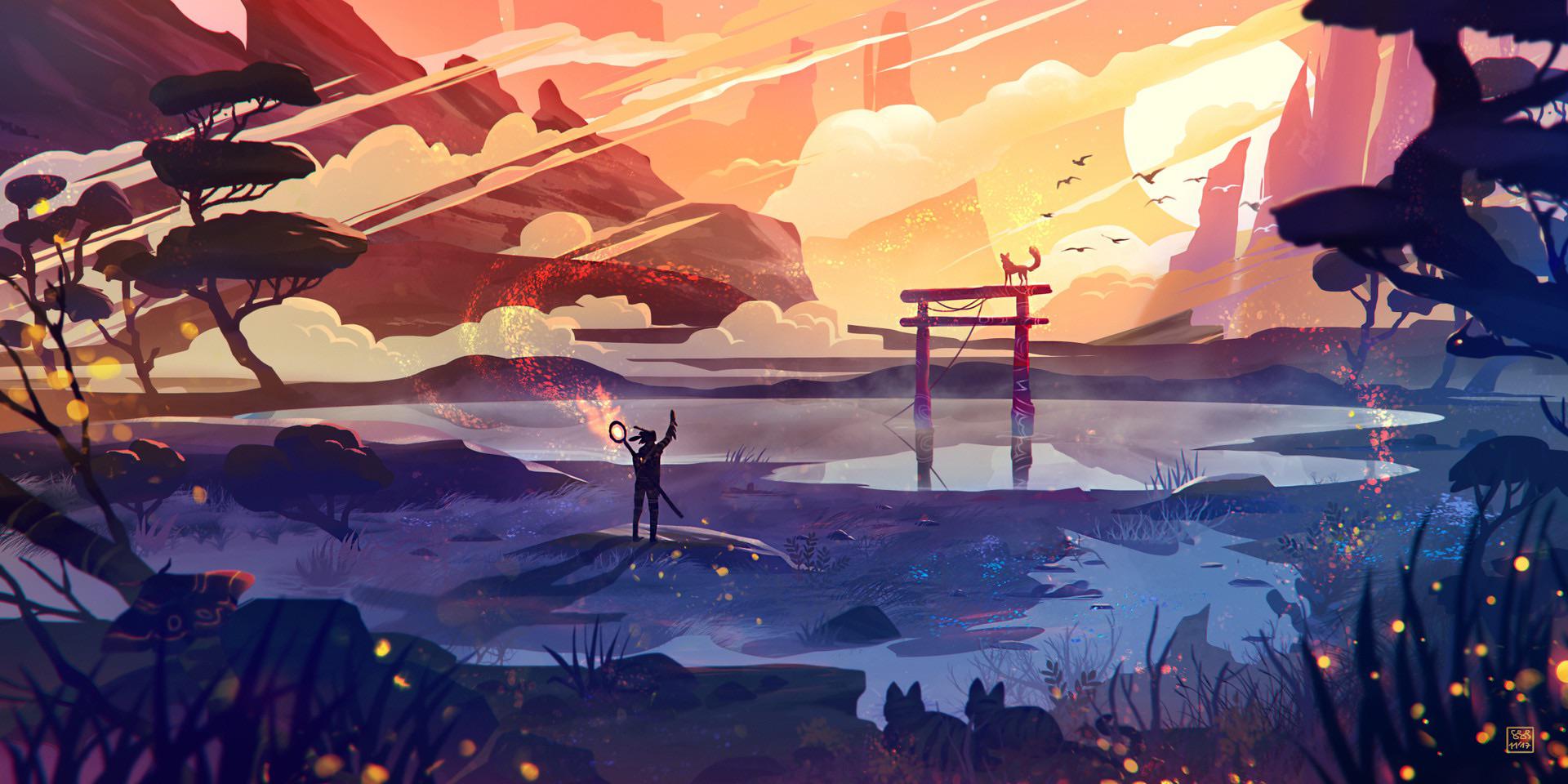 1920x960 Torii and Kitsune [1920 x 960]