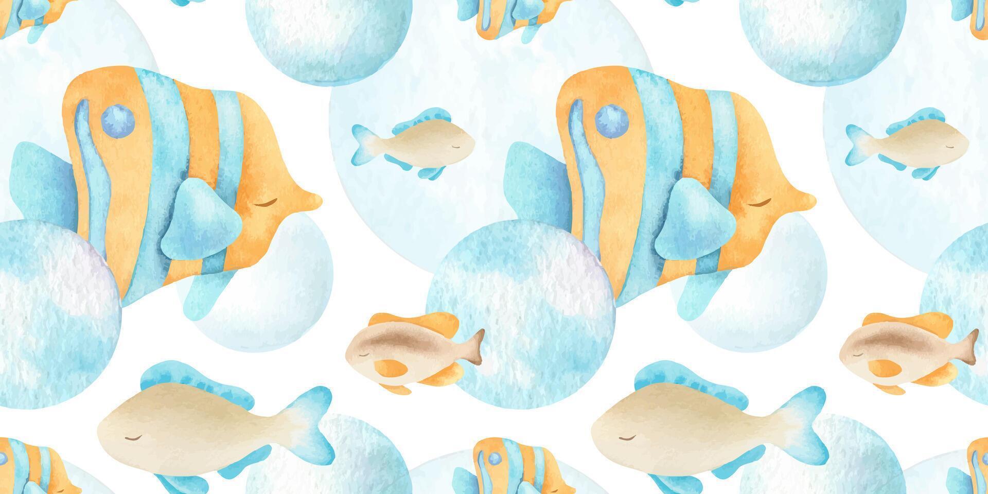 1920x960 Seamless pattern of hand painted watercolor colorful sea fish and bubbles. Tropical reef fish kids background for textile, wallpaper, nursery bedding. Cute ocean underwater animal marine child print 80439463 Vector Art