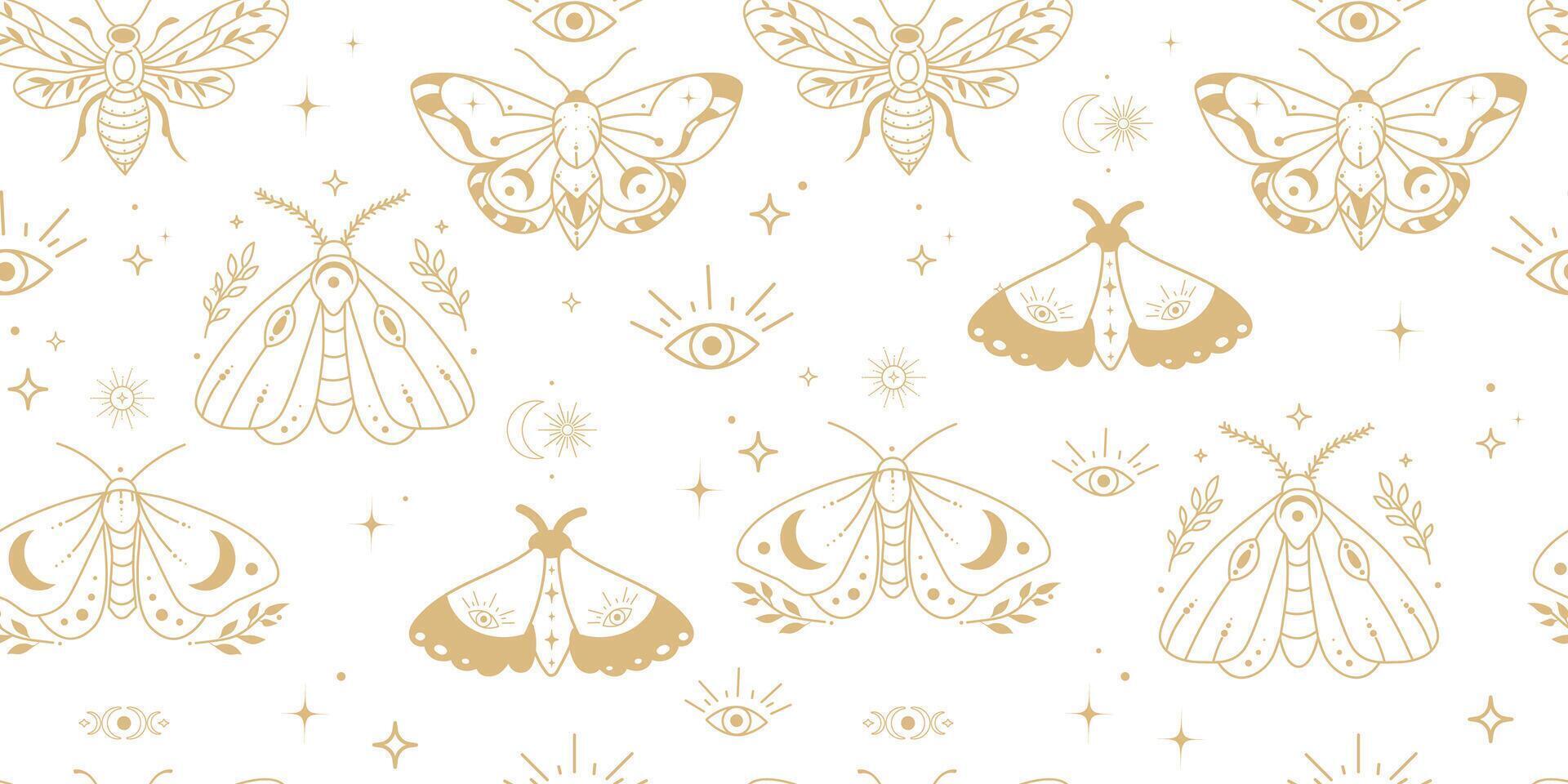 1920x960 Seamless pattern with golden moths, all seeing eyes, moons, and stars in a mystical boho style, for textile design, packaging, wallpaper, branding, posters, and spiritual or esoteric projects. 73710741 Vector Art