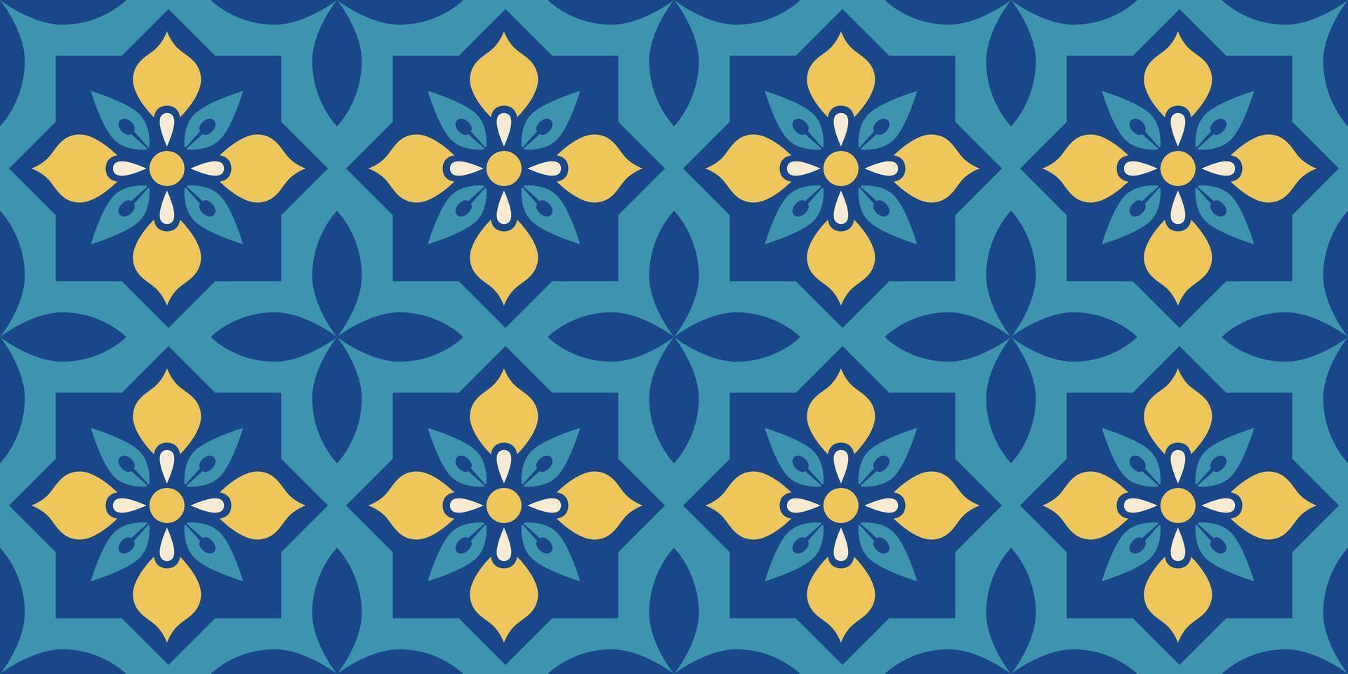1920x960 Floral geometric seamless pattern. Mediterranean tiles. Scarf, bandana design. Interior. Ornate background, digital paper, wallpaper. Mosaic. Azulejo. illustration