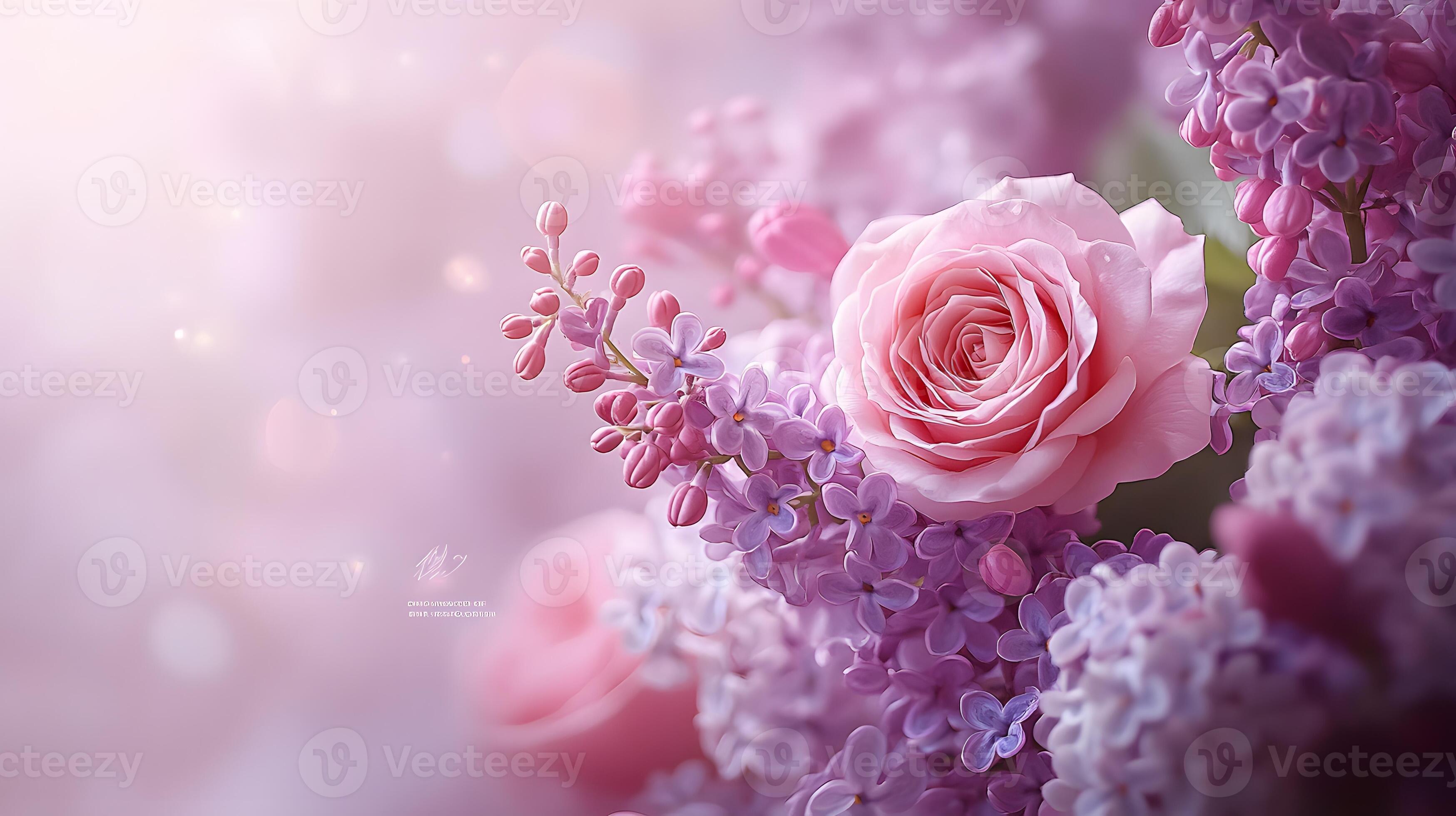 3497x1960 Elegant floral arrangement combining pink roses and purple lilacs with soft bokeh background, creating dreamy atmosphere with ethereal lighting and macro details. floral