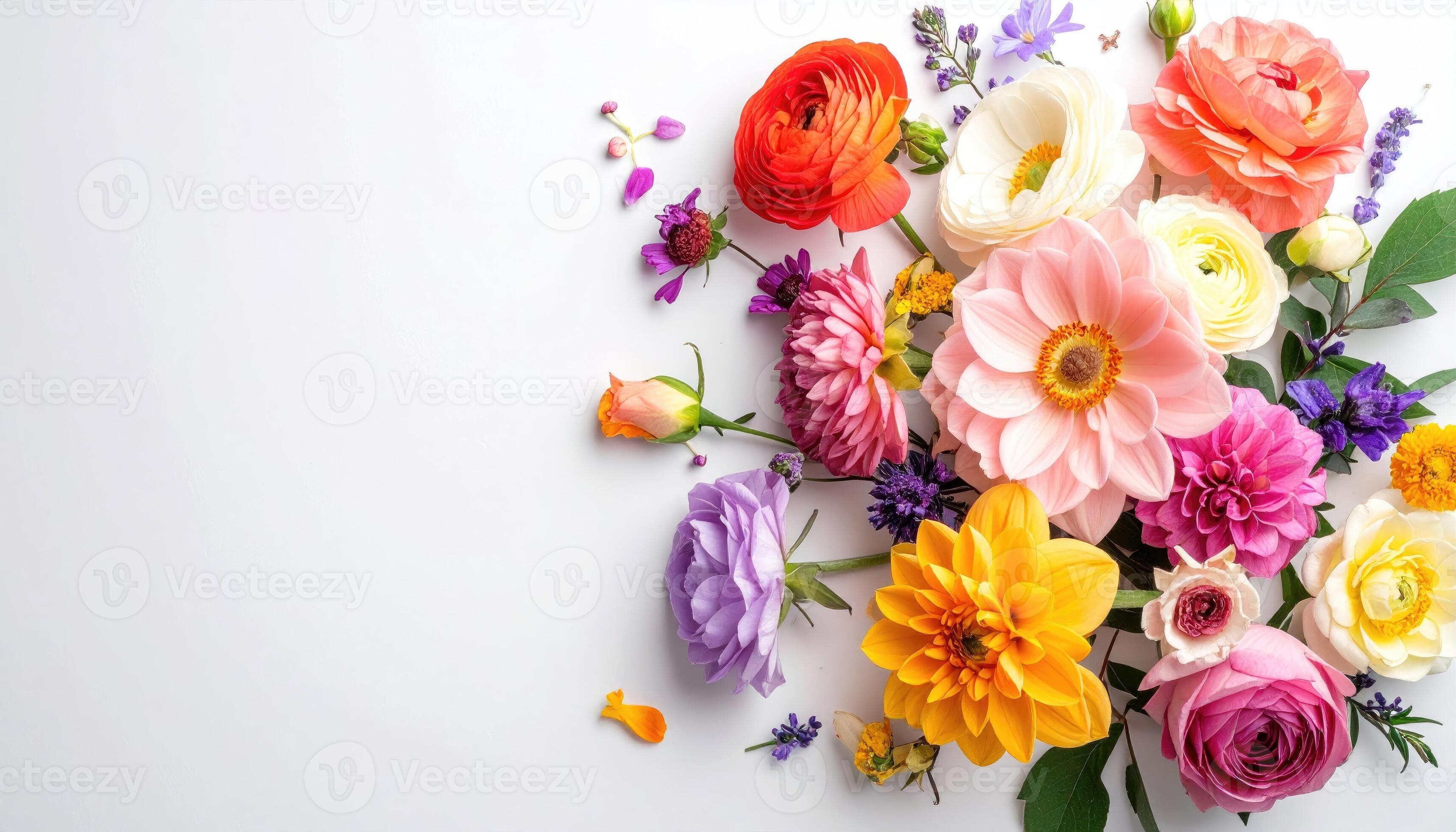 3430x1960 Vibrant floral arrangement on a white background. A profusion of colorful flowers, including ranunculus, dahlias, and roses, arranged in a cluster, with delicate greenery and scattered petals. The soft colors and textures