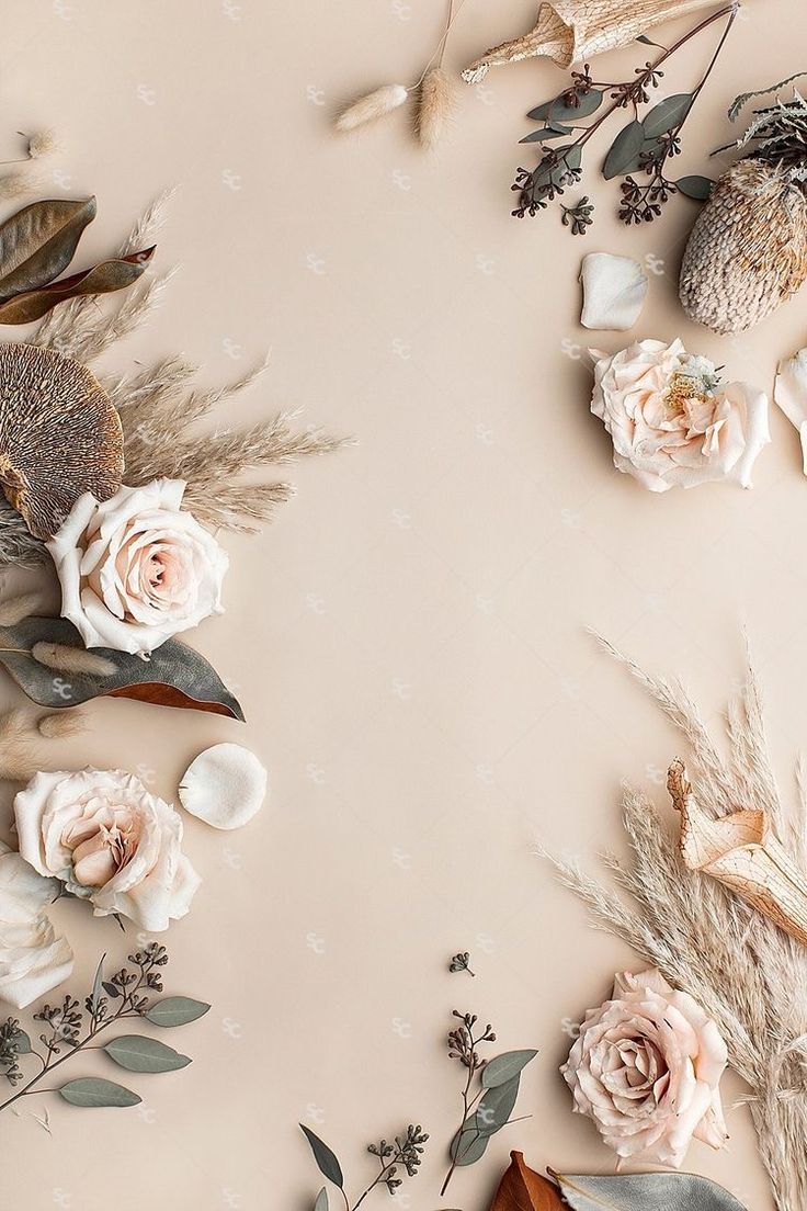 736x1104 Beautiful Dried Flower Poster Design. Neutral color palette with floral background, Tan background with flowers