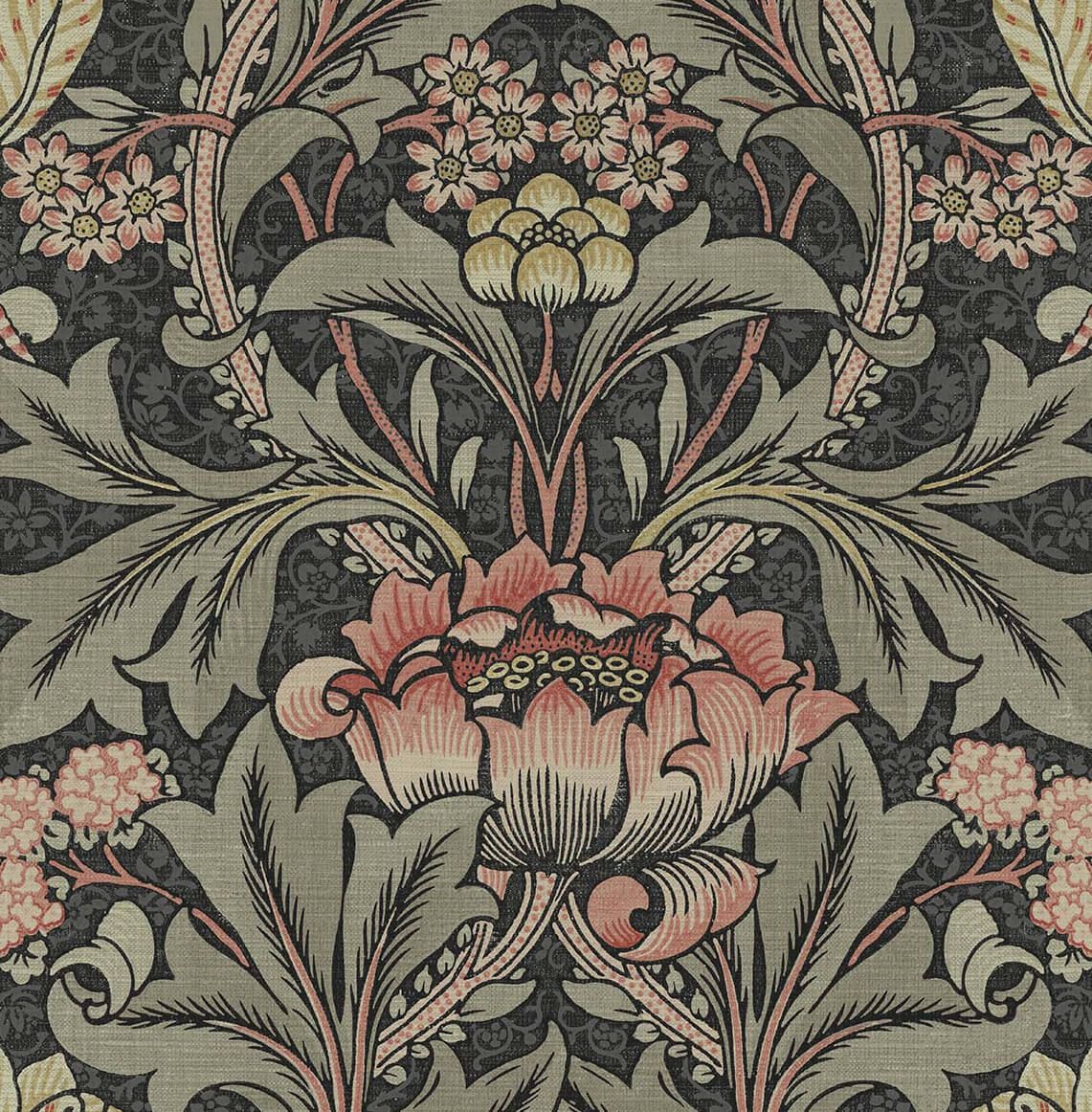 1141x1162 Acanthus Floral Prepasted Wallpaper in Charcoal & Rosewood