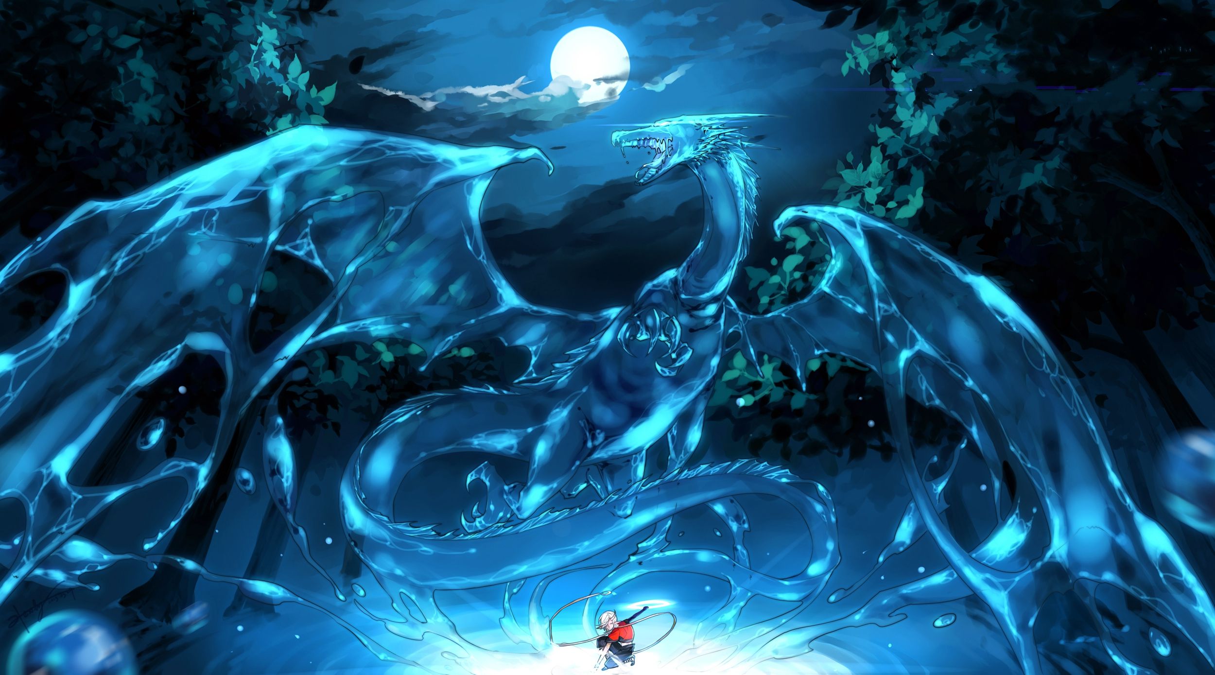 2500x1389 Phone wallpaper: Anime, Pixiv Fantasia, Dragon, Moon, Night, Summoner 683732