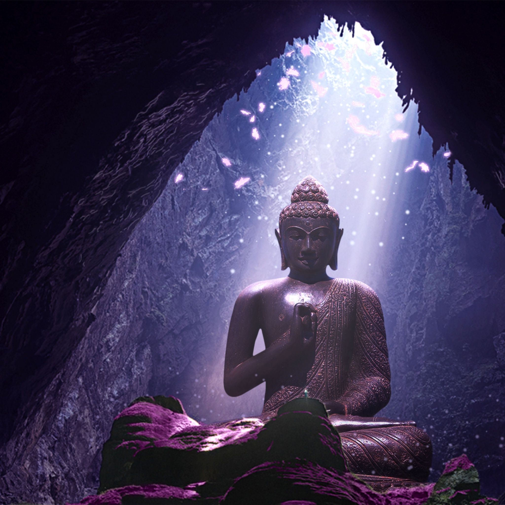 2048x2048 Lord Buddha Wallpaper 4K, CGI, Statue, Cave, Sunlight