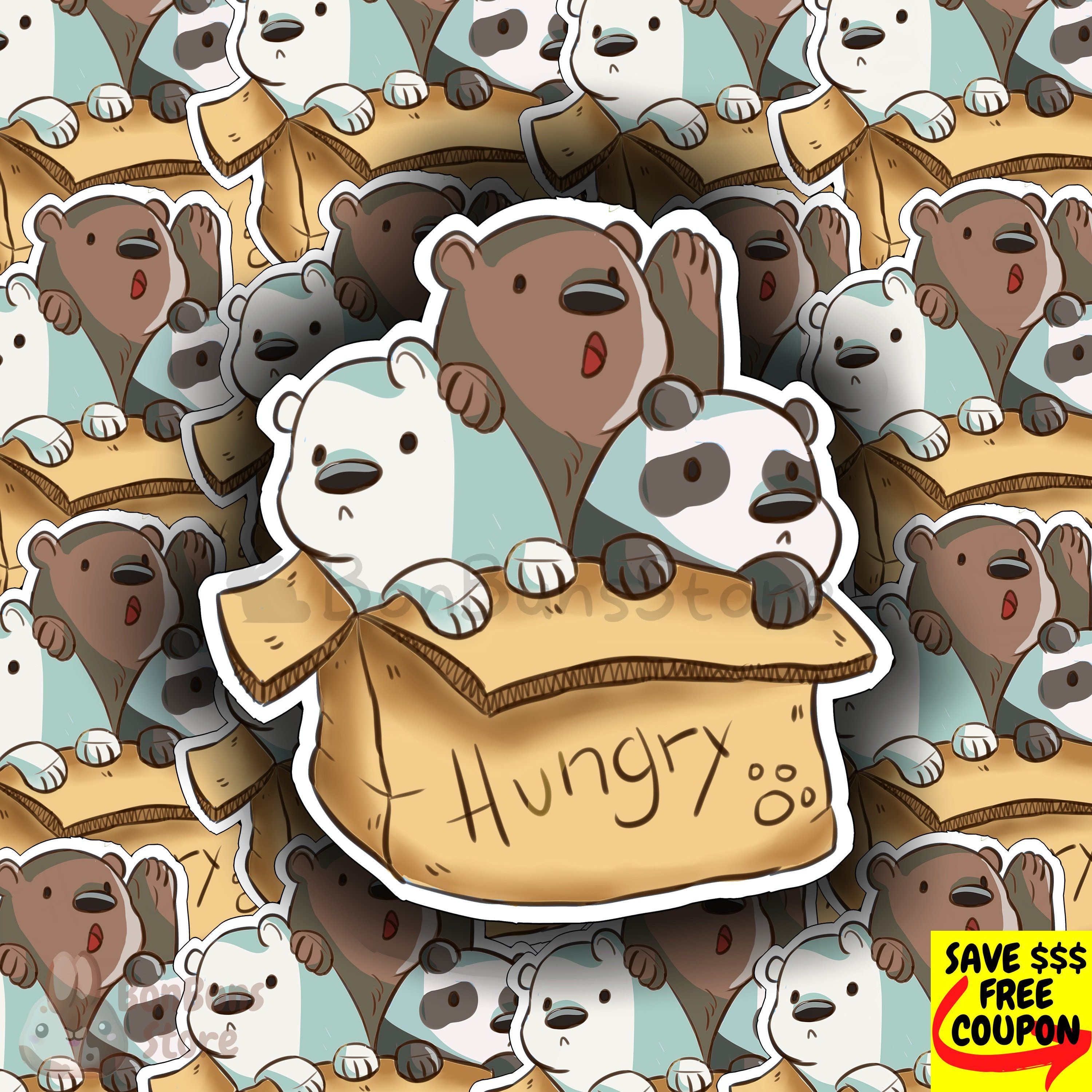 3000x3000 Hungry Sticker. Waterproof Vinyl Sticker, We Bare Bears, Bears, Baby Bears, Panda, Grizz, Ice Bear