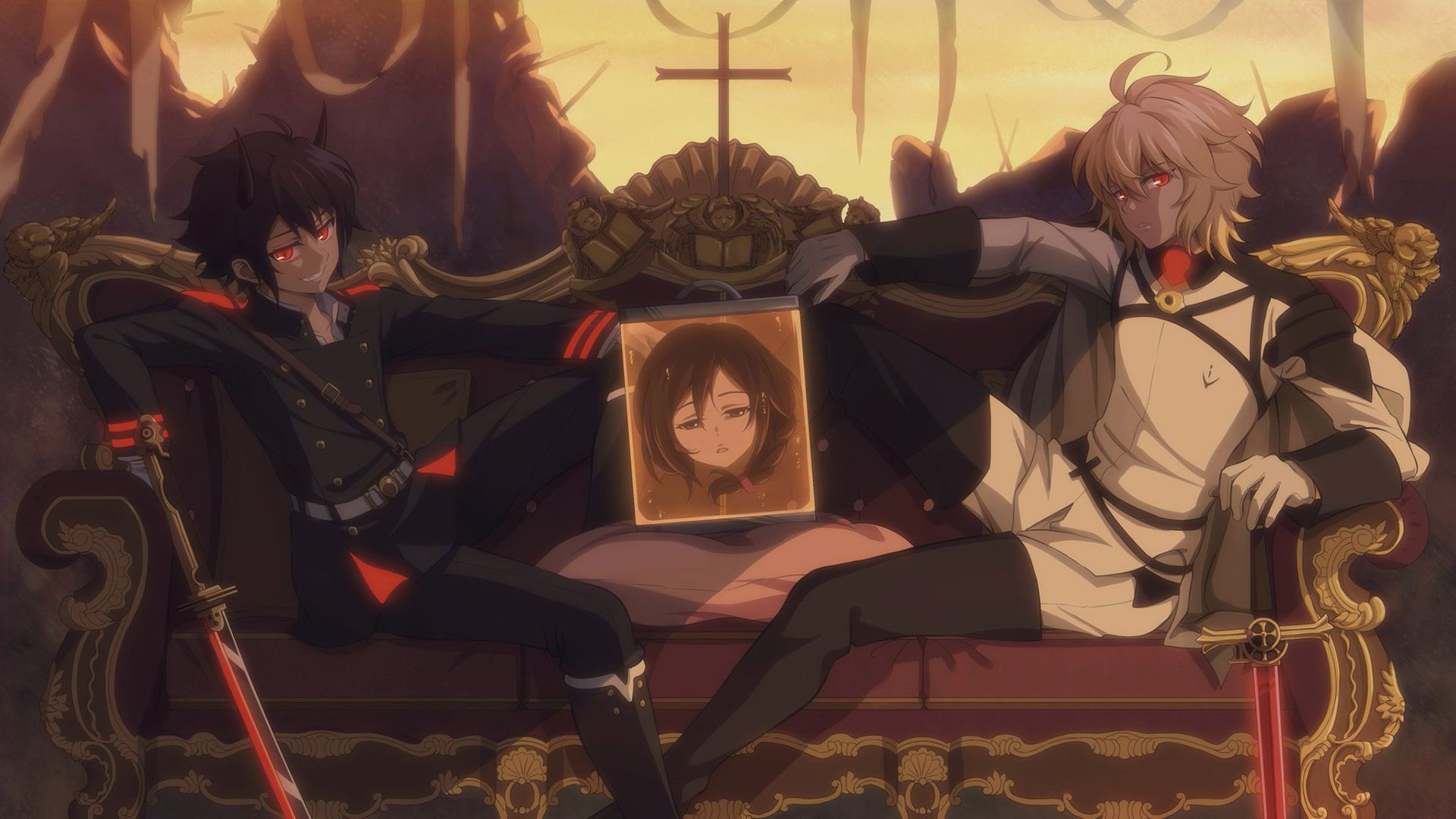 1920x1080 Desktop wallpaper: Mikaela Hyakuya, Anime, Seraph Of The End, Akane Hyakuya, Belt, Black Hair, Blonde, Boots, Brown Eyes, Cape, Couch, Glove, Horns, Katana, Red Eyes, Smile, Sword, Uniform, Weapon, Yūichirō Hyakuya 4K