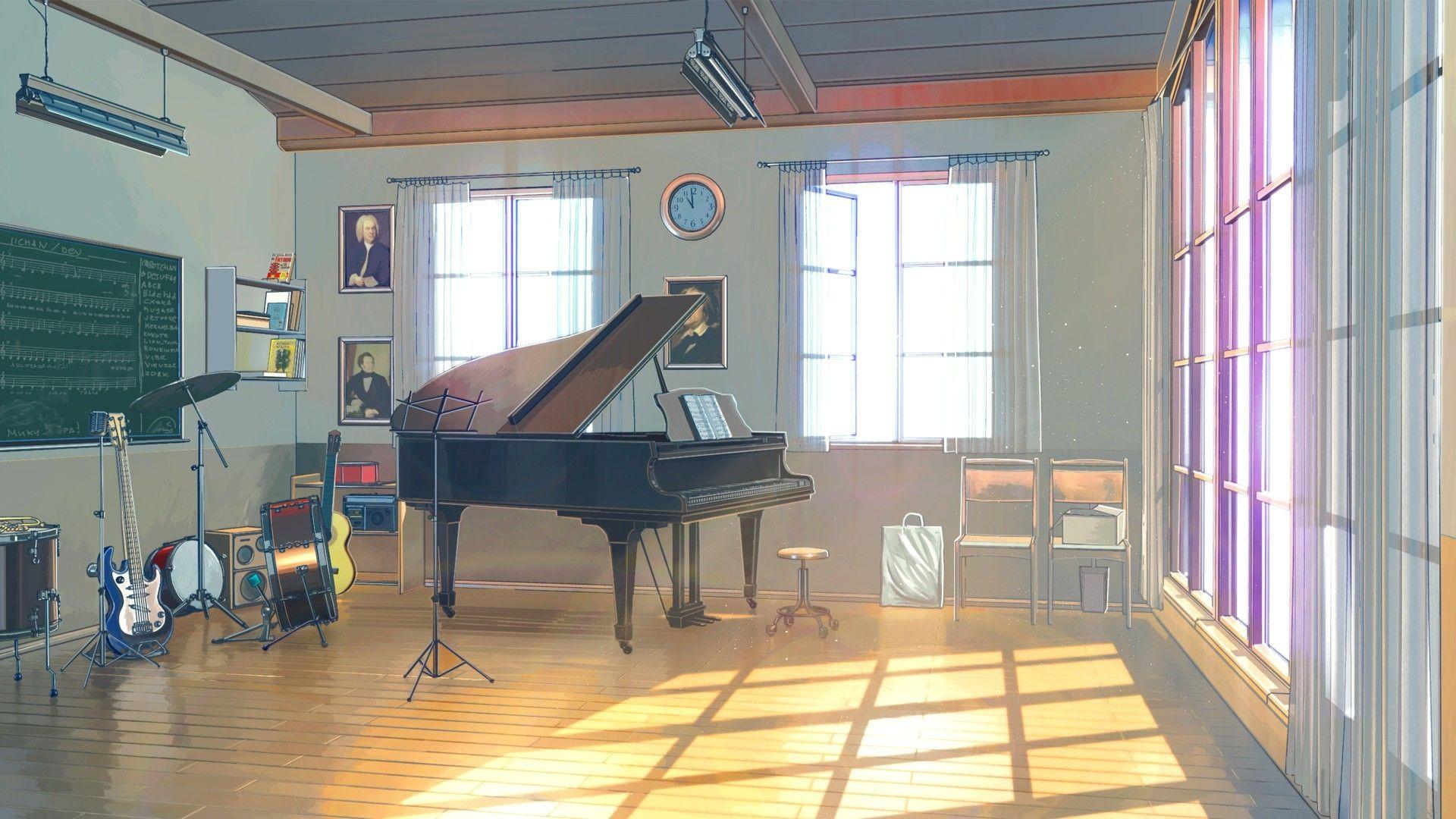 1920x1080 Hình nền Anime Lớp học, đàn piano, Dụng cụ, Ánh sáng mặt trời
