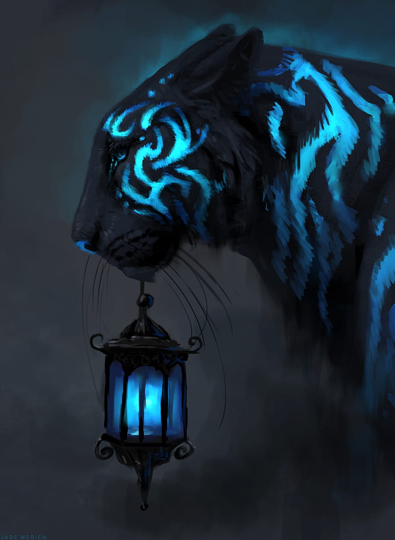 800x1092 Blue by Jade Merien, tiger, lantern, animal, nature, black, blue, fantasy, surreal, HD phone wallpaper