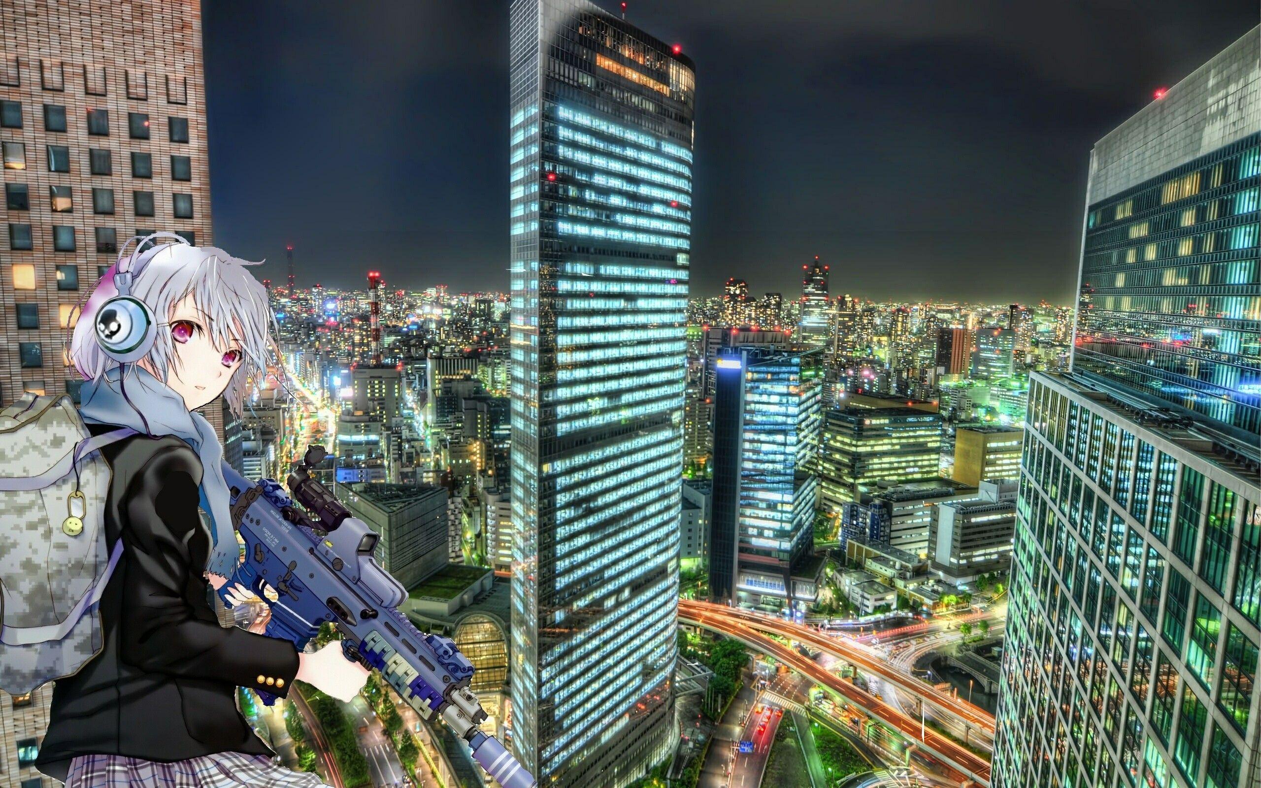 2560x1600 Anime Rooftops Building Night Wallpaper