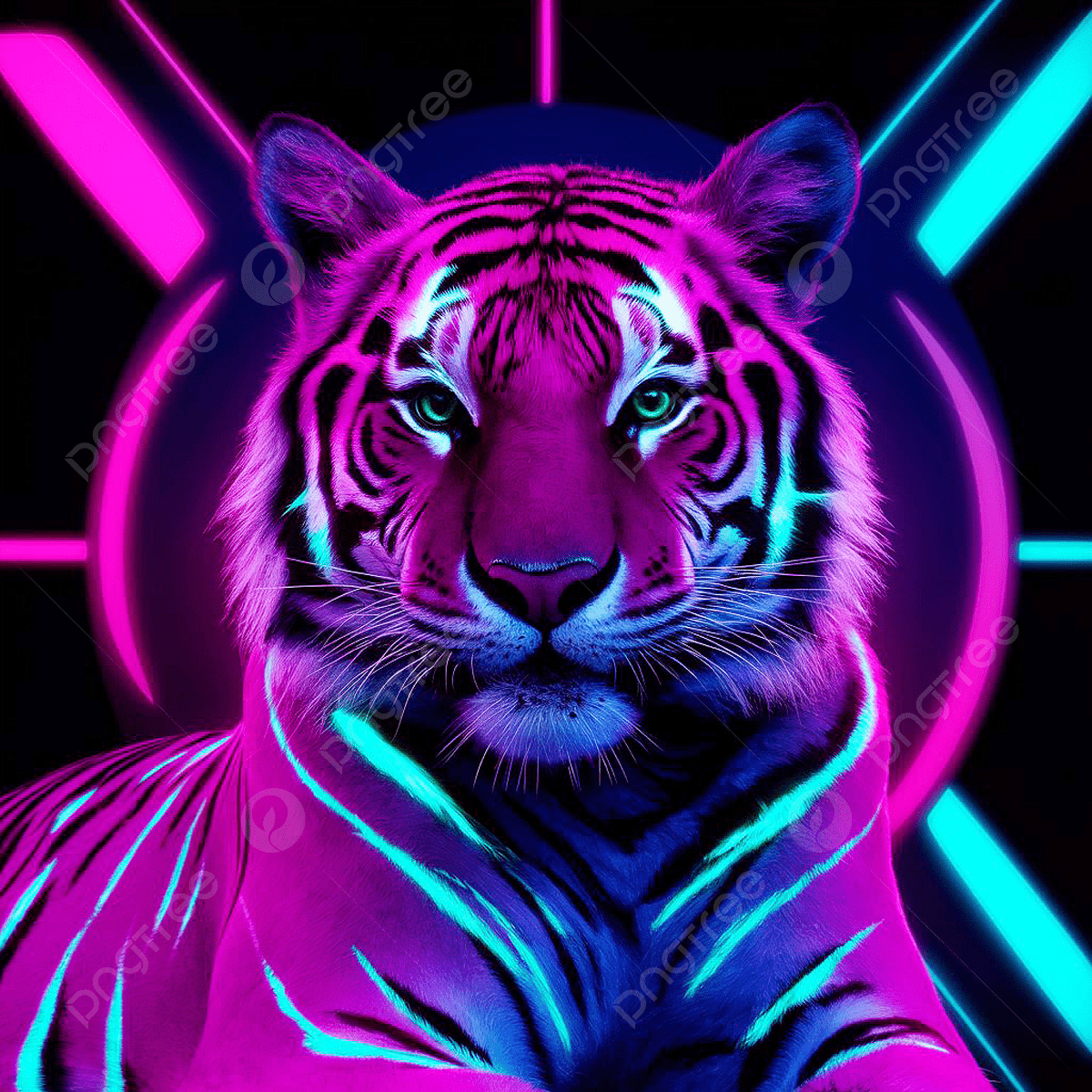 1200x1200 A Mesmerizing Visually Striking Digital Image Of Pink And Green Bioluminescent Holographic Tiger The S Body Is Adornedwith An Intricate Network Neon Colors Creating Captivating Otherworldly Appearance Its Eyes Are Insanely Alluring