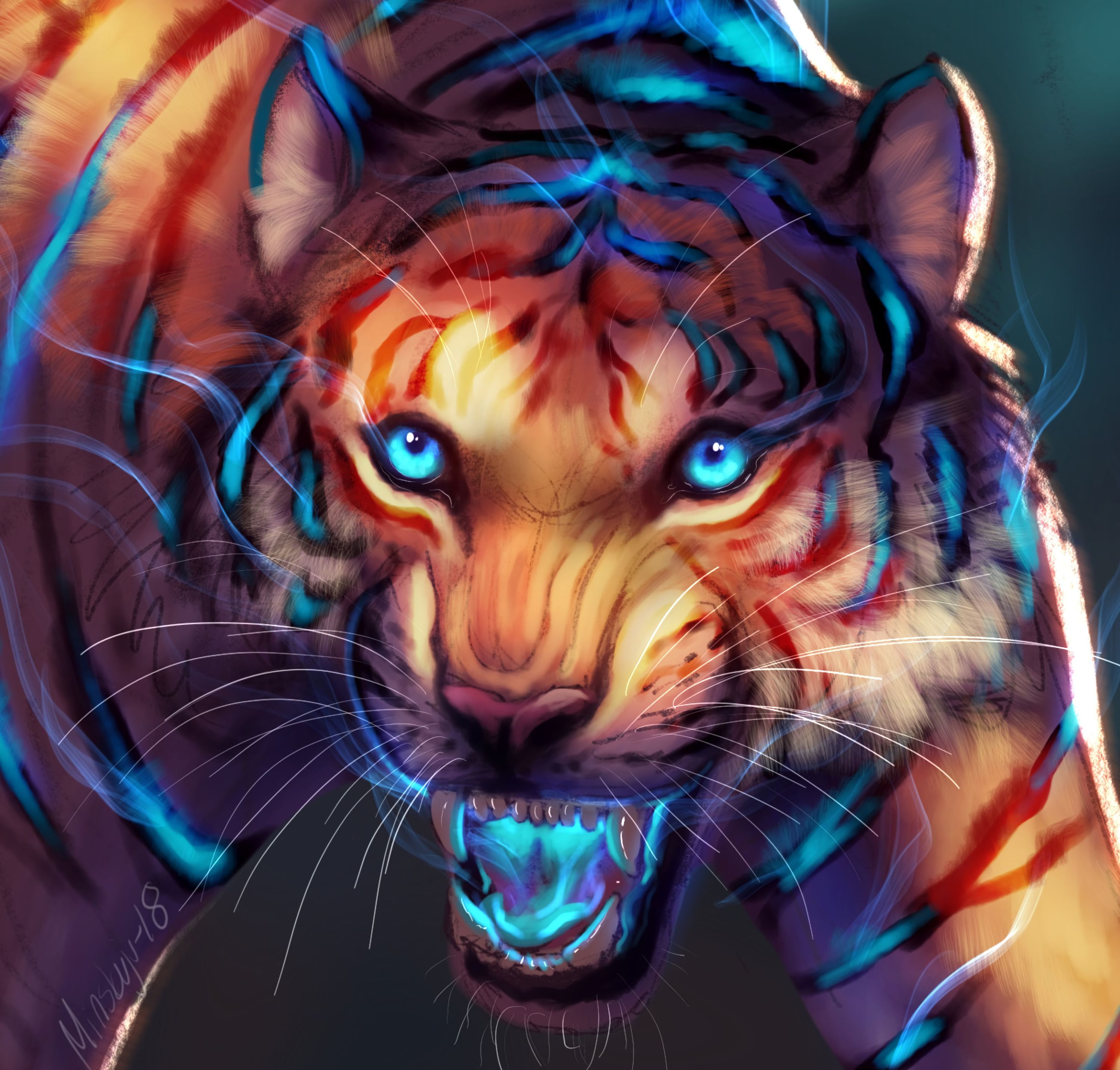 3000x2867 Phone wallpaper: Glow, Muzzle, Predator, Tiger, Grin, Art 65597