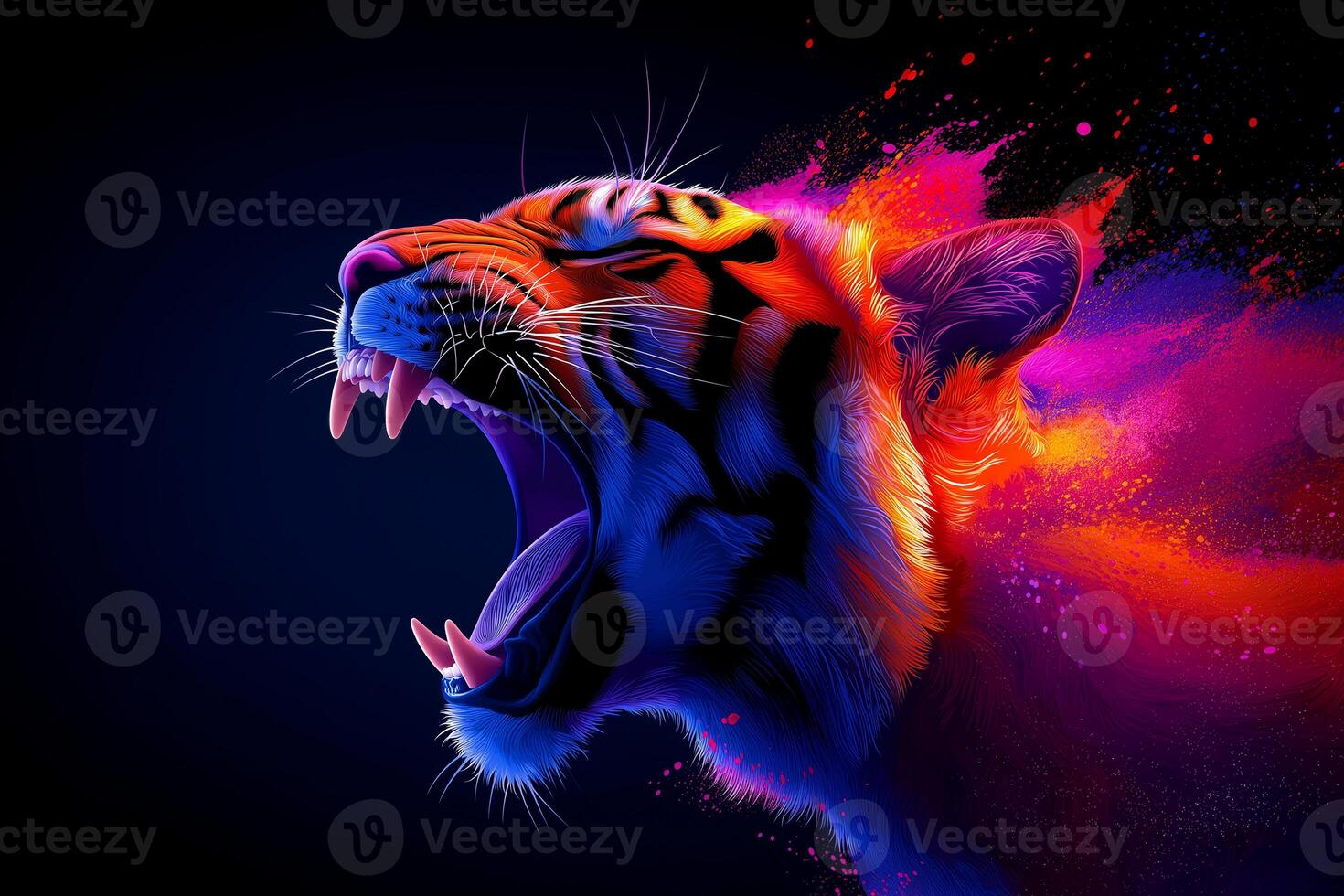 1470x980 Colorful illustration of vibrant tiger with striking features, set against dark background with splashes of color. artwork captures majestic essence of this wild animal