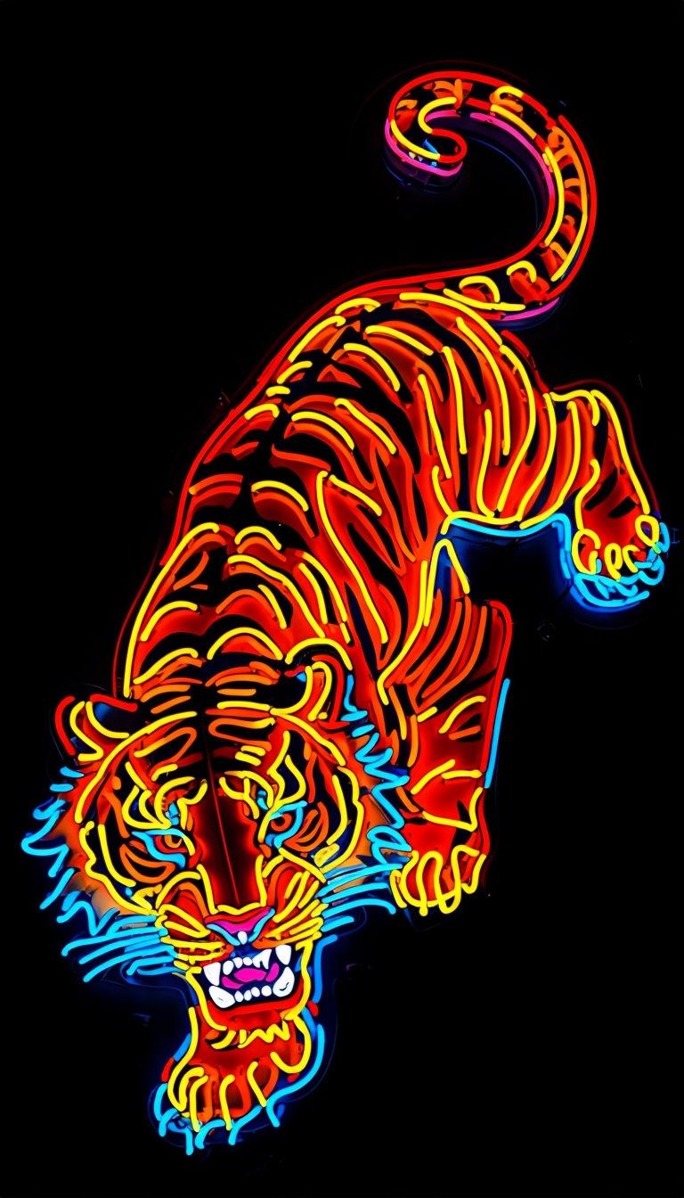 768x1344 Vivid Neon Tiger Face Close Up Digital Art Mobile Wallpaper