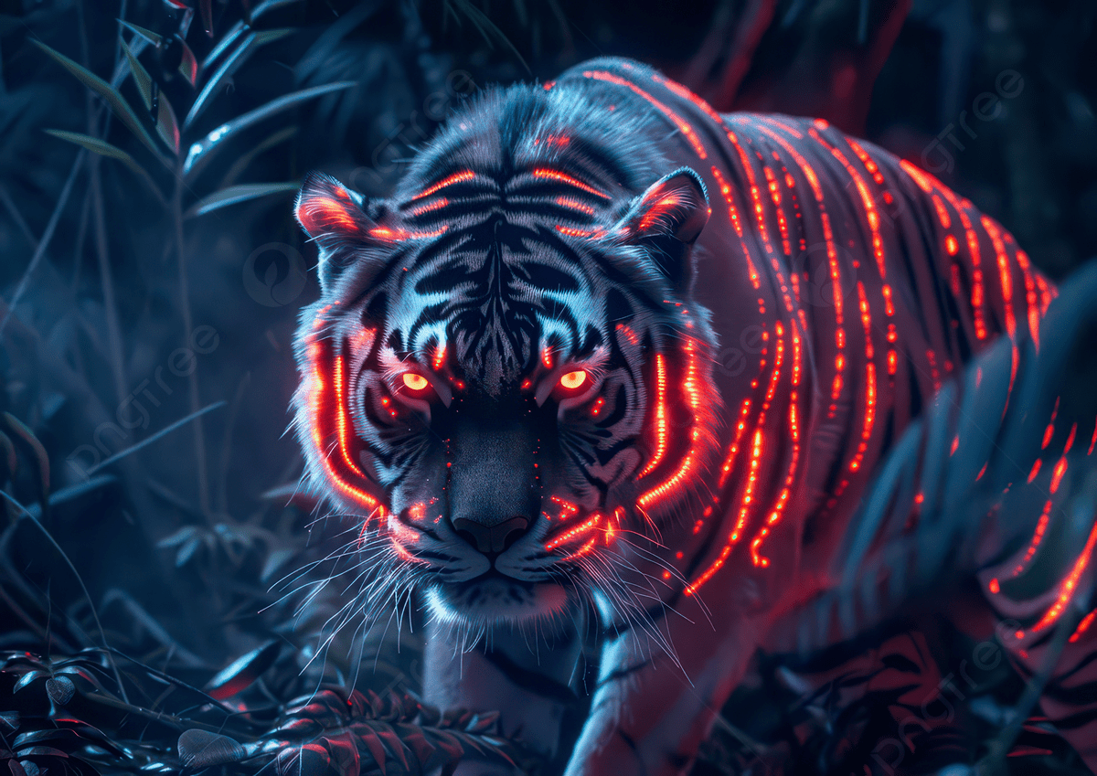1200x849 A Glowing Tiger With Neon Stripes In A Dark Lush Jungle Setting, Tiger, Neon, Jungle Background Image And Wallpaper for Free Download