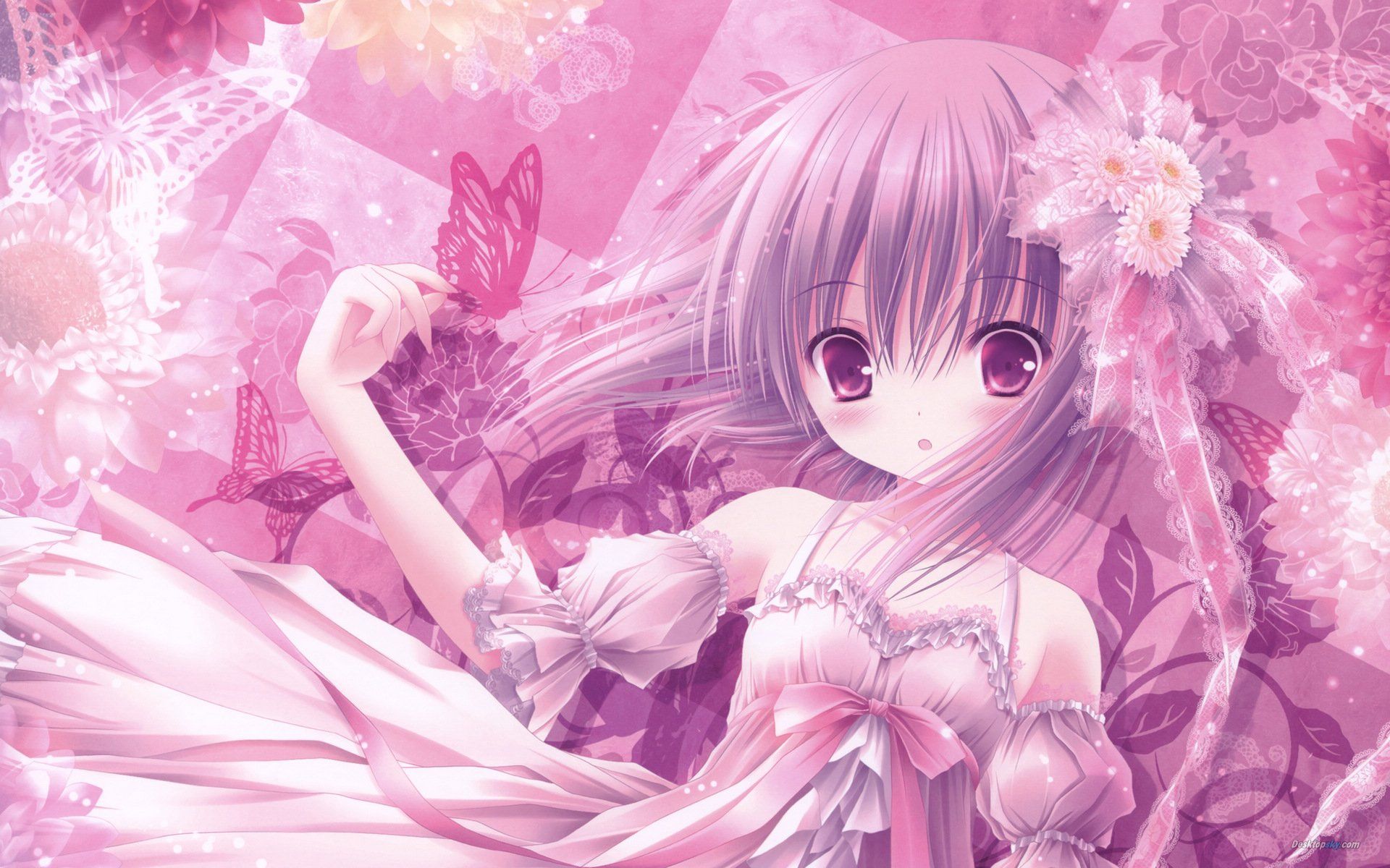 1920x1200 Enchanting Butterfly Dreams: Cute Anime Girl With Purple Pink Hair In Flowing Dress By Tinkerbellx1200