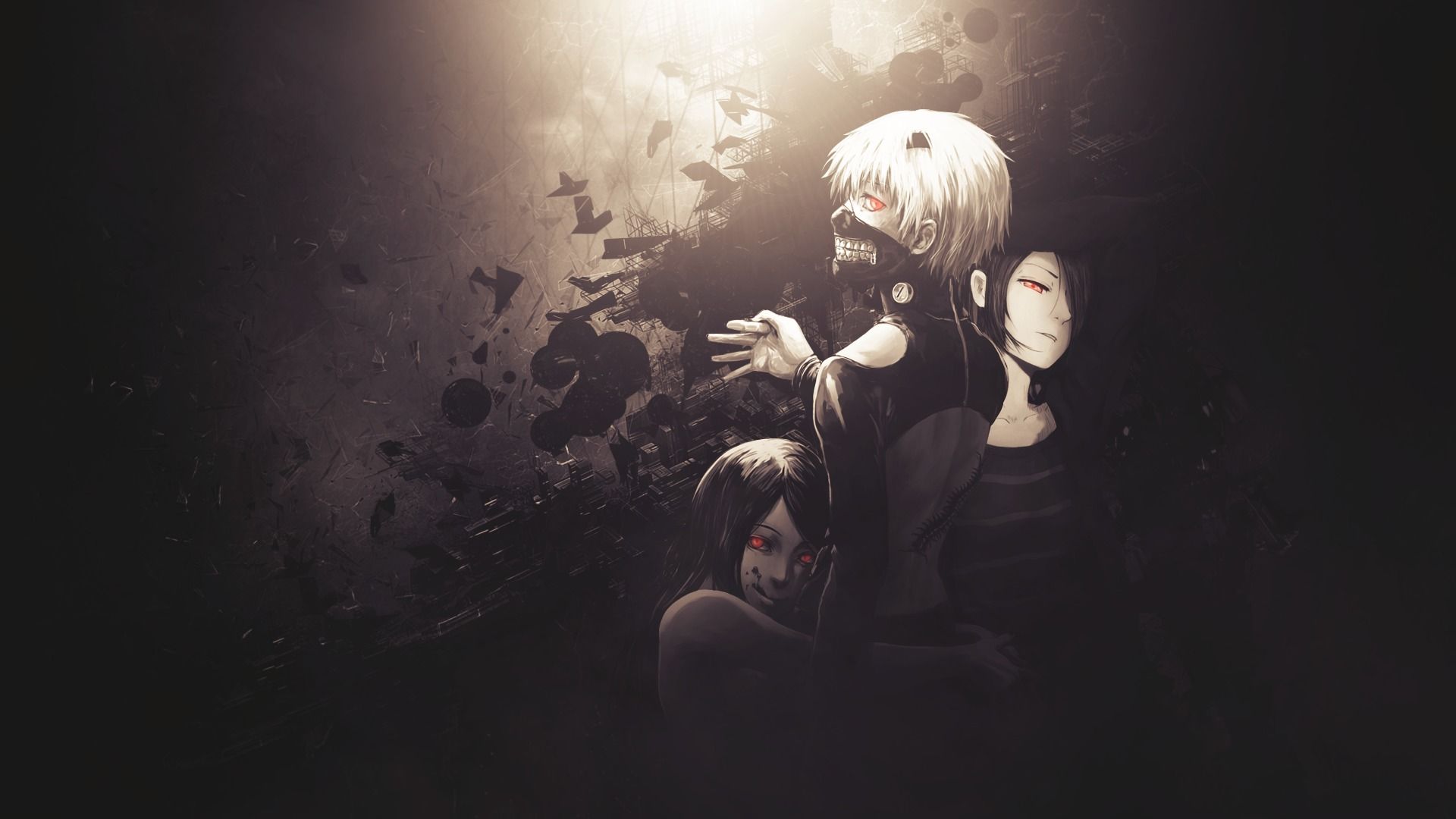 1920x1080 Wallpaper anime, art, Tokyo Ghoul, Ken Kanek, Tokyo Ghoul, Kirishima Bring, Rize Kamishiro for mobile and desktop, section прочее, resolution 1920x1080