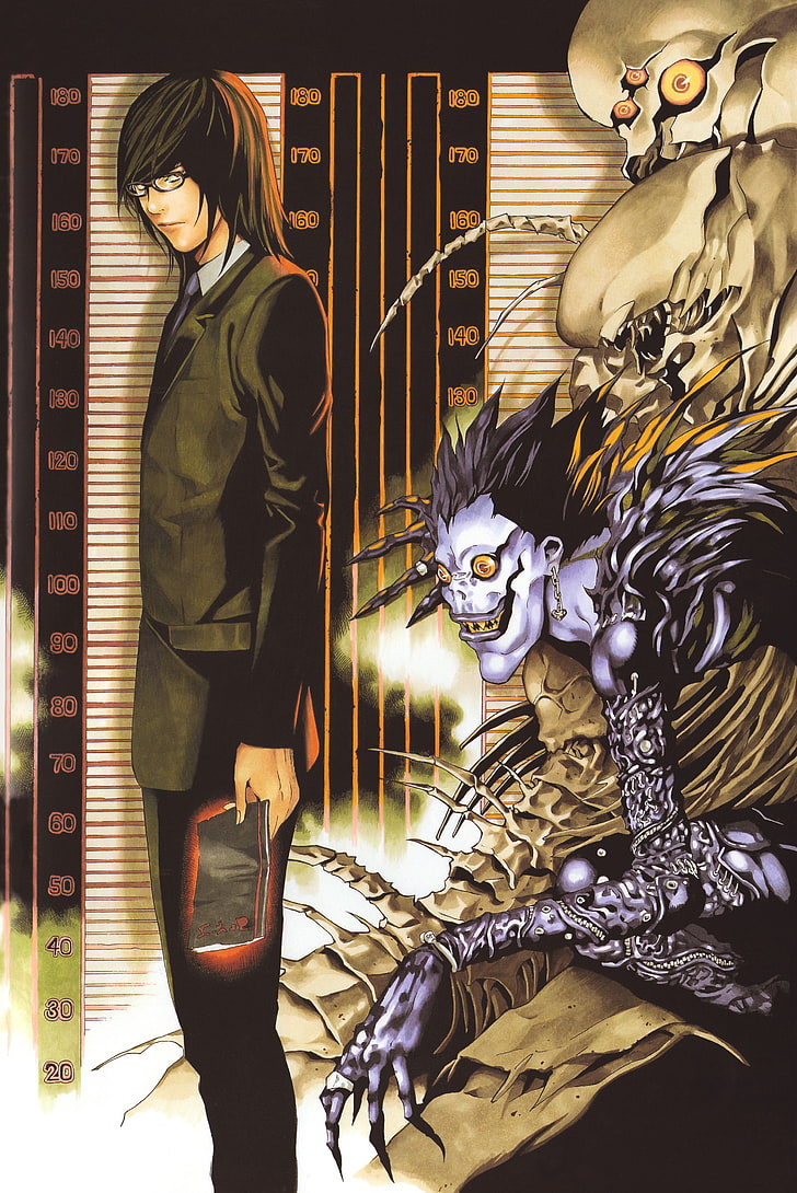 728x1090 HD wallpaper: man black haired standing beside monster wallpaper, Death Note