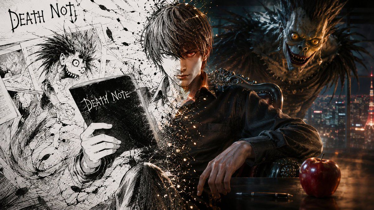 1200x675 I Love These Split Screen Prompts. This Was Done With GPT, 16: Do This For Deathnote: <split_composition> Left_quadrant [weight:3]:: Ink On Paper, Halftone Dots Visible: Monochrome + One Accent