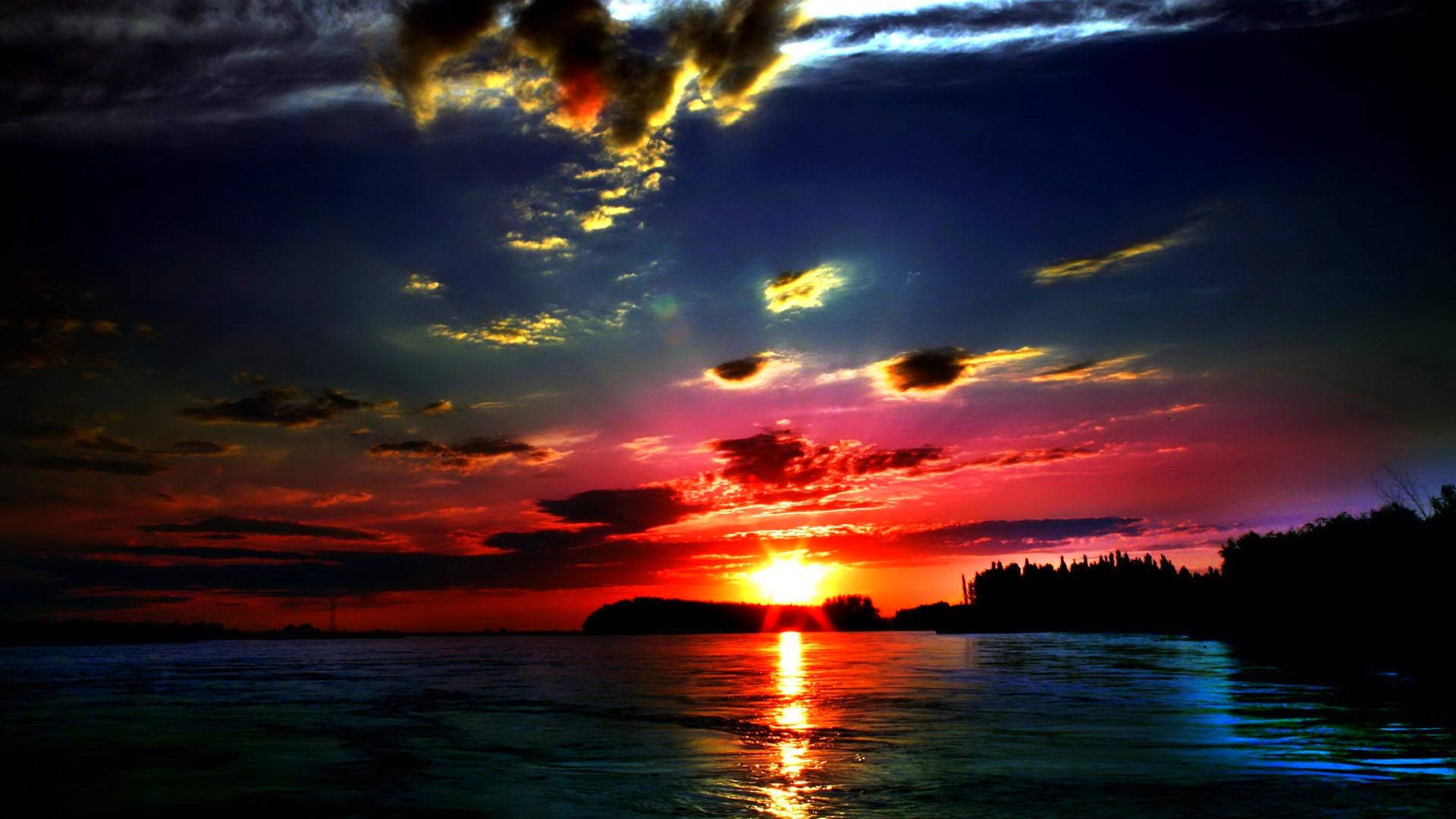 1920x1080 Desktop wallpaper: Sun, Earth, Sunset, Cloud, Sky, Tree, Water 4K free download for PC. 533700