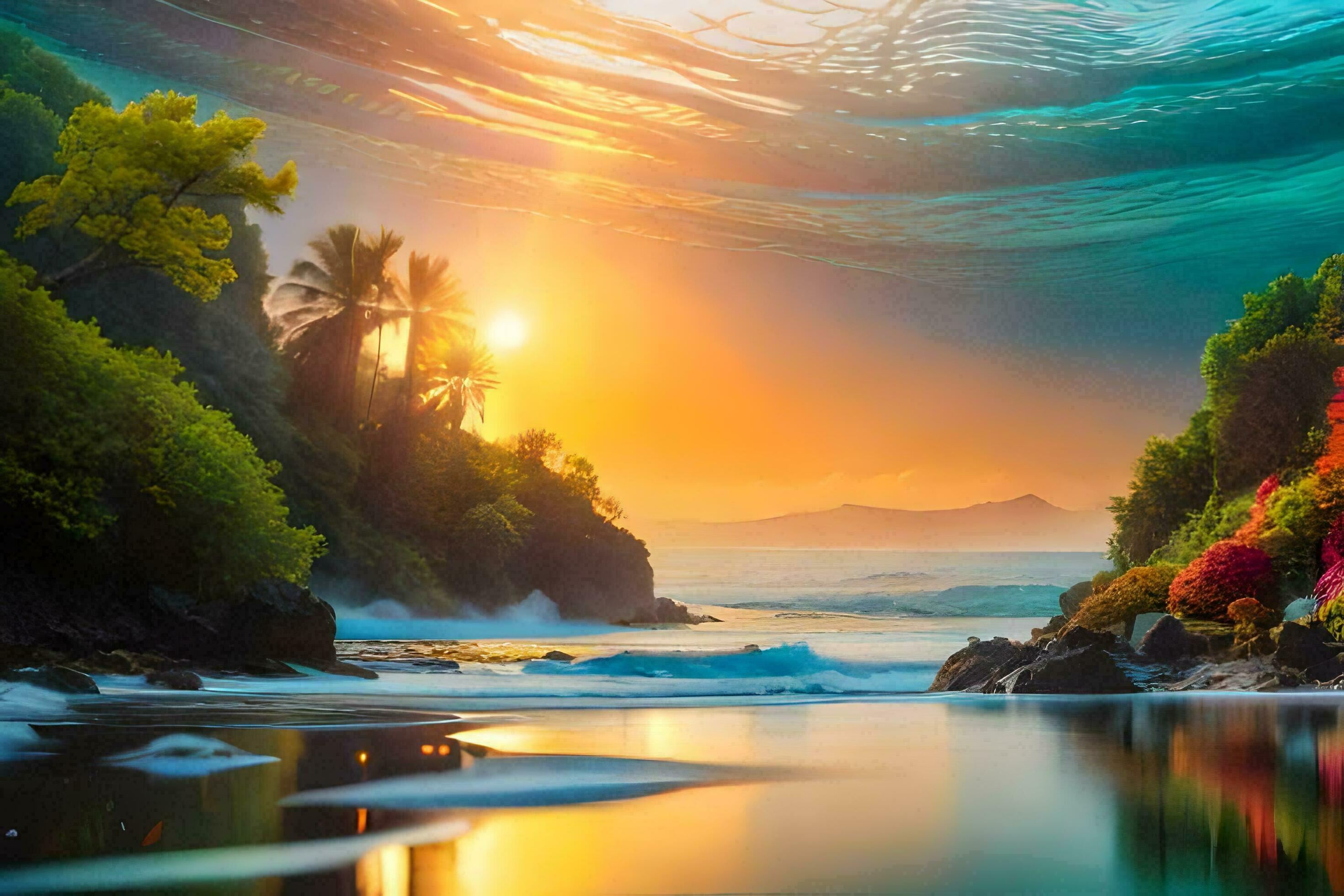 2940x1960 Photo Wallpaper The Sky, Water, Trees, Flowers, Sea, Sunset, Water, The Ocean. AI Generated