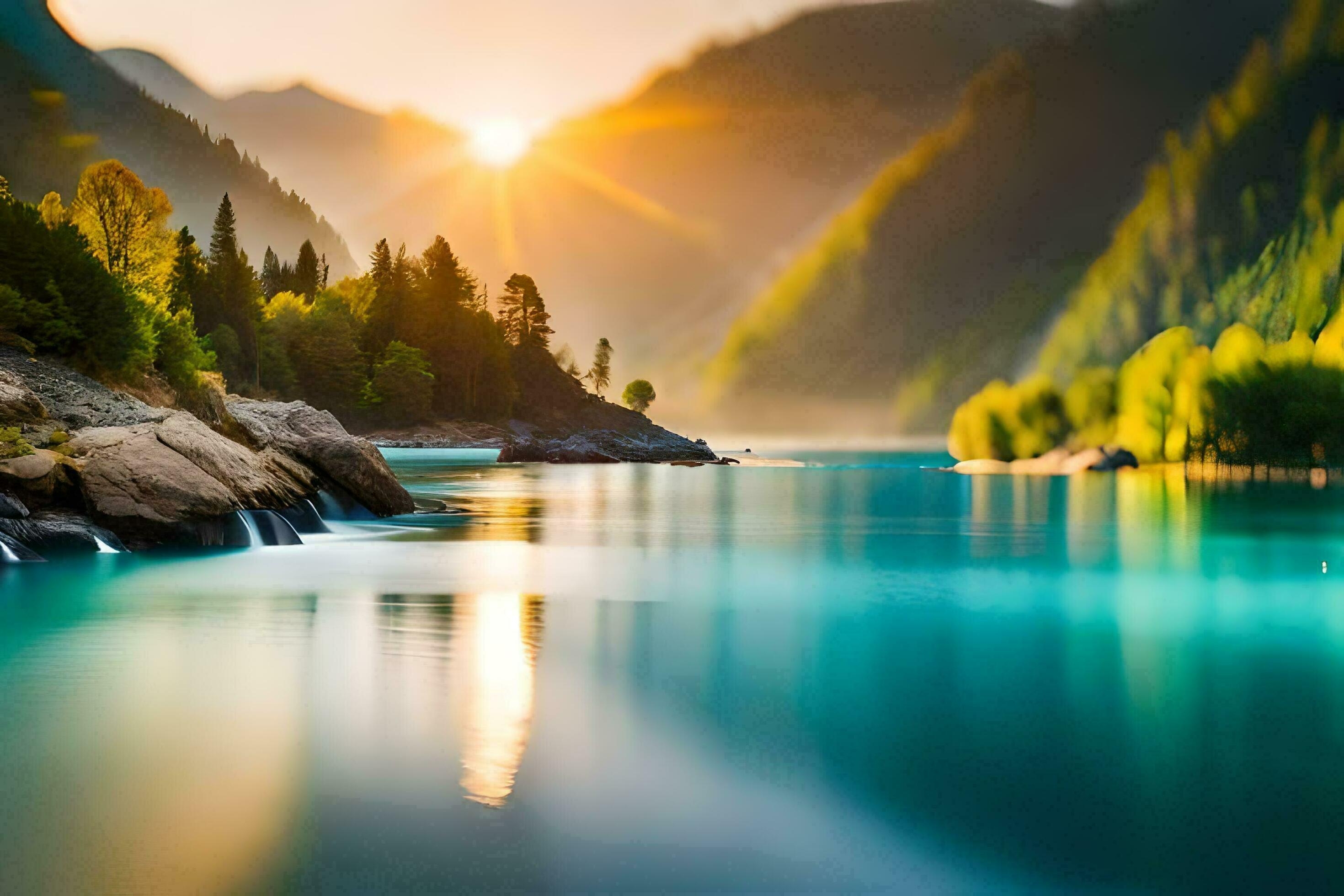 2940x1960 Photo Wallpaper The Sky, Mountains, Water, Trees, Sunrise, The Sun, The Mountains,. AI Generated