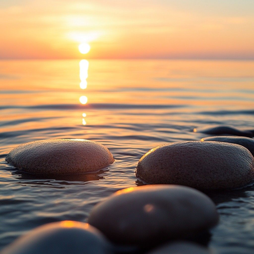 1024x1024 Free Sunset over water Image, Stones, Water