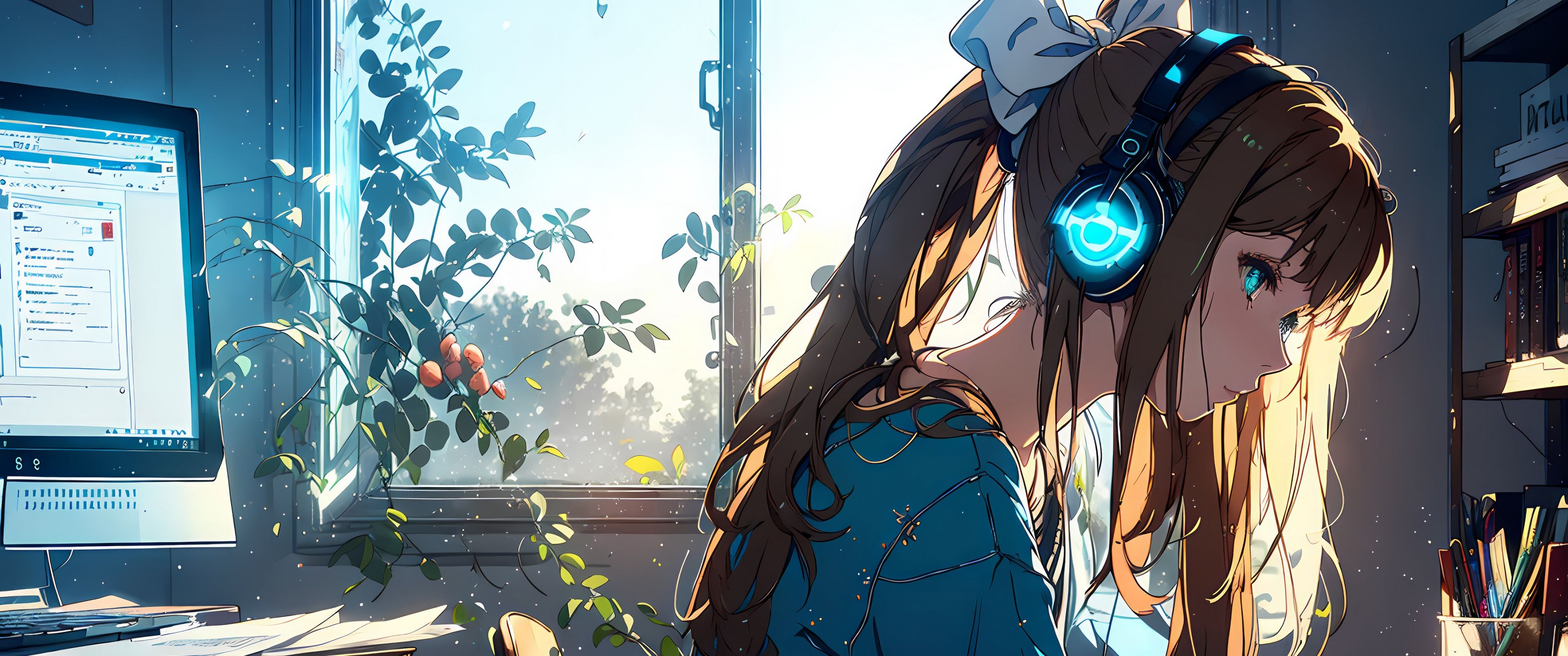 3440x1440 Anime girl Wallpaper 4K, Listening music, Lofi girl, Alone