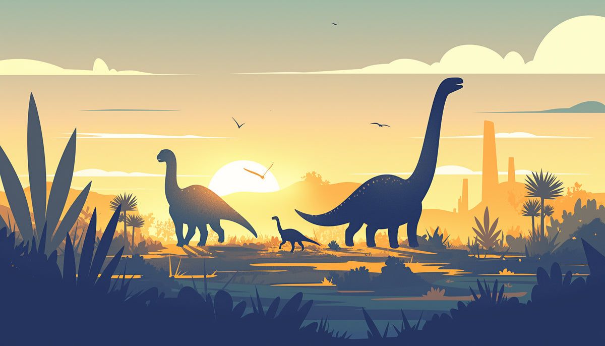 1200x686 Dinosaur Silhouette Sunset Mural Wallpaper in Playroom. Yellow, Orange, Blue, and Various Colors of Dinosaur