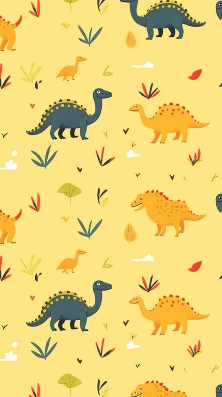 736x1313 Yellow Background with Dinosaurs and Leaves. Colorful dinosaur background, Dinosaur silhouettes on yellow background, Yellow background dinosaur design