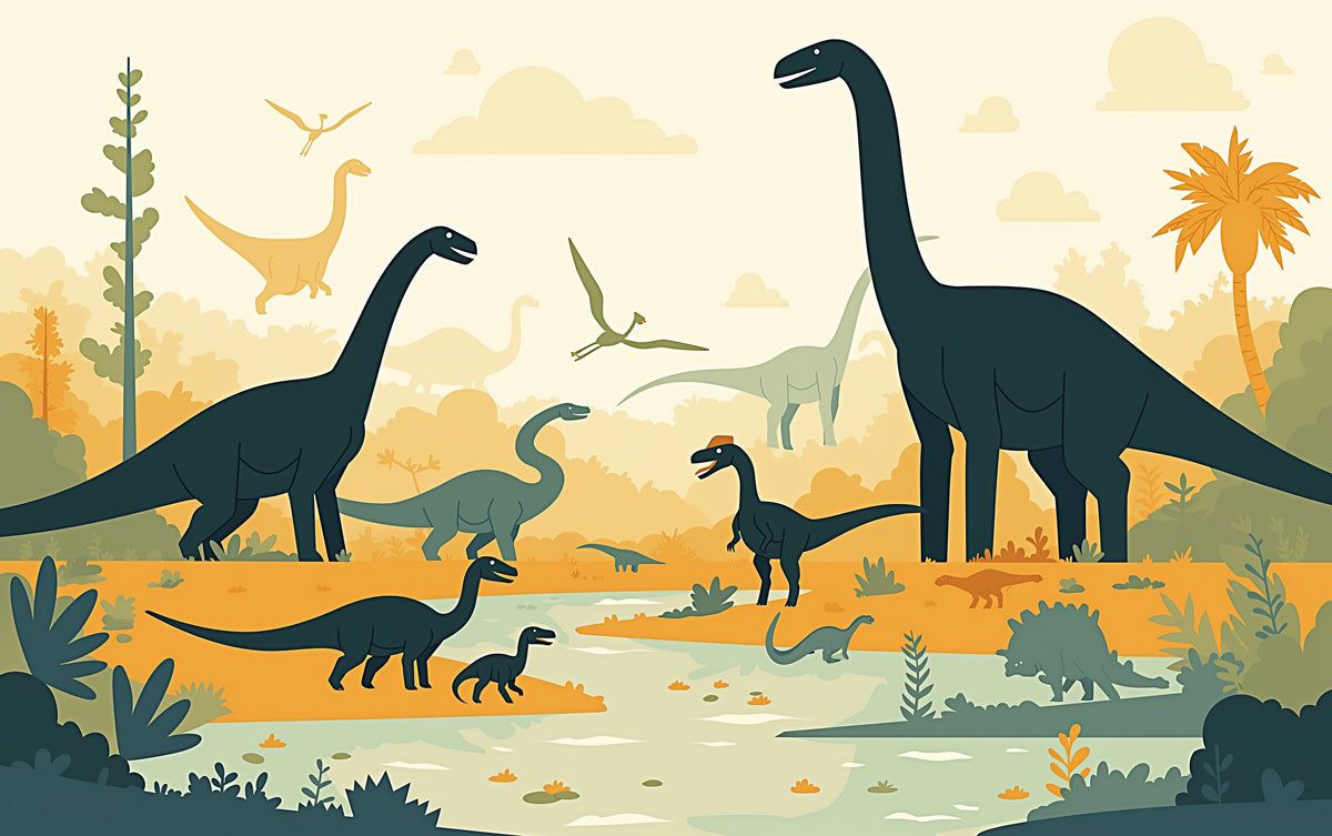 1200x753 Dinosaur Landscape Mural Wallpaper. Yellow Green Blue and Brown Dinosaur