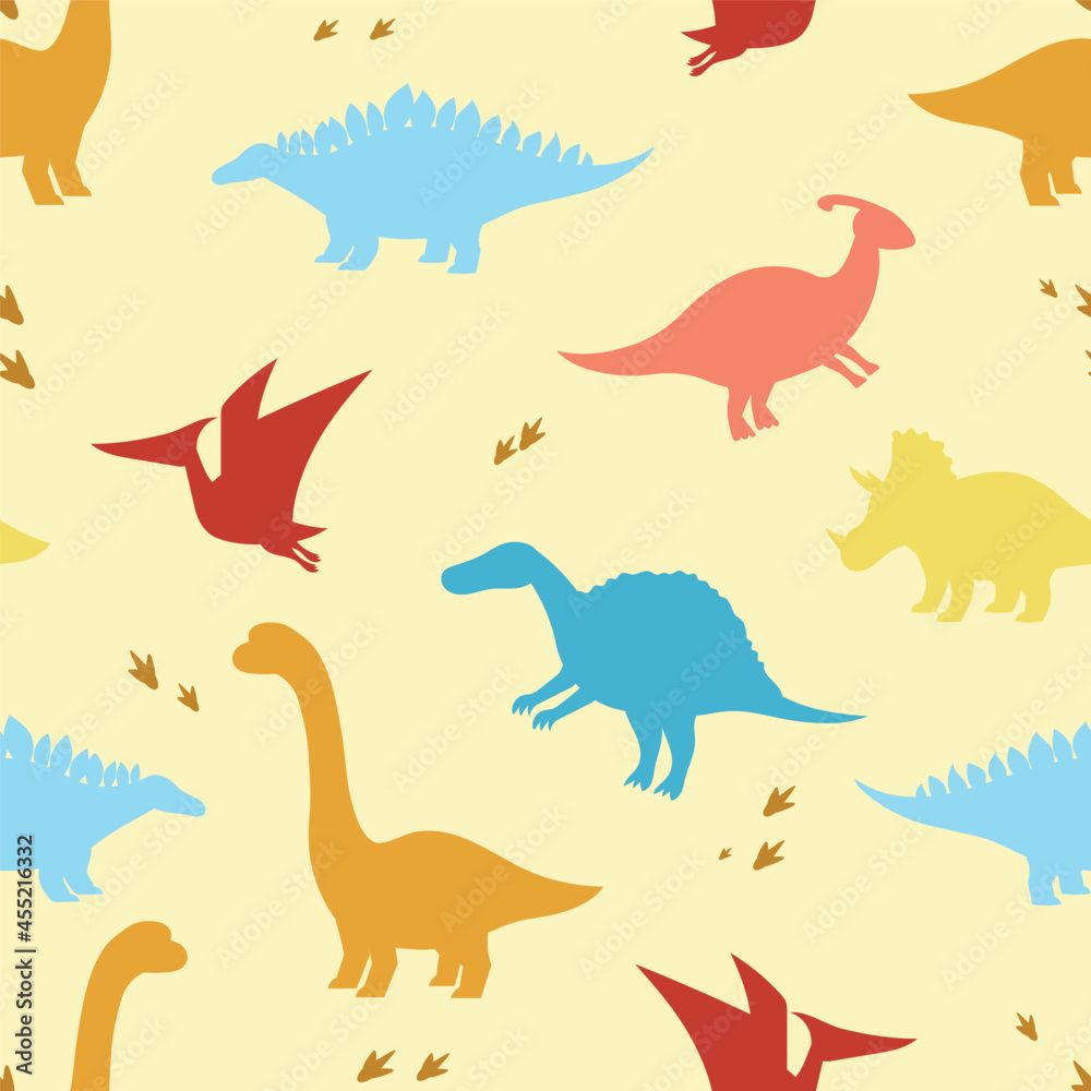 1000x1000 Seamless child dino pattern. Silhouettes of dinosaurs on a yellow background. Backdrop for wallpaper, textile, fabric, wrapping. Stock Vector