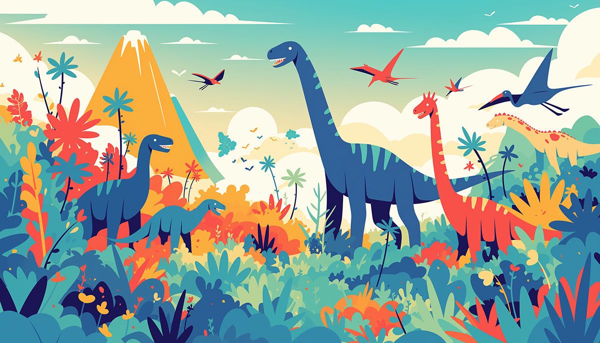 1200x686 Dinosaur and Mountain Mural Wallpaper in Bedroom. Various Colors (Green, Yellow, Blue, etc.) of Dinosaur