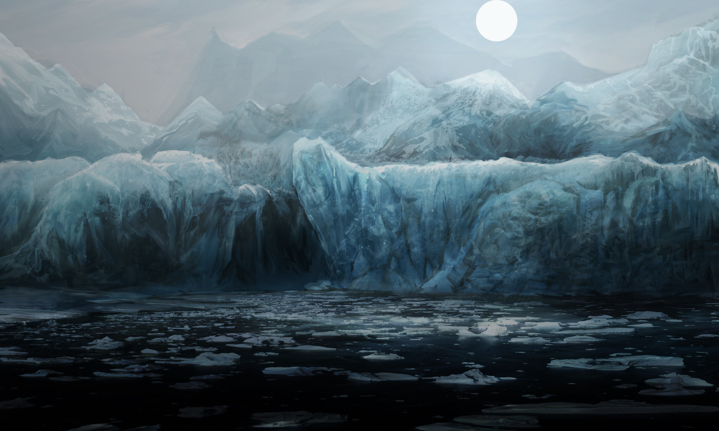 2500x1500 Wallpaper cold, ice, sea, water, mountains, night, the ocean, the moon for mobile and desktop, section живопись, resolution 2500x1500