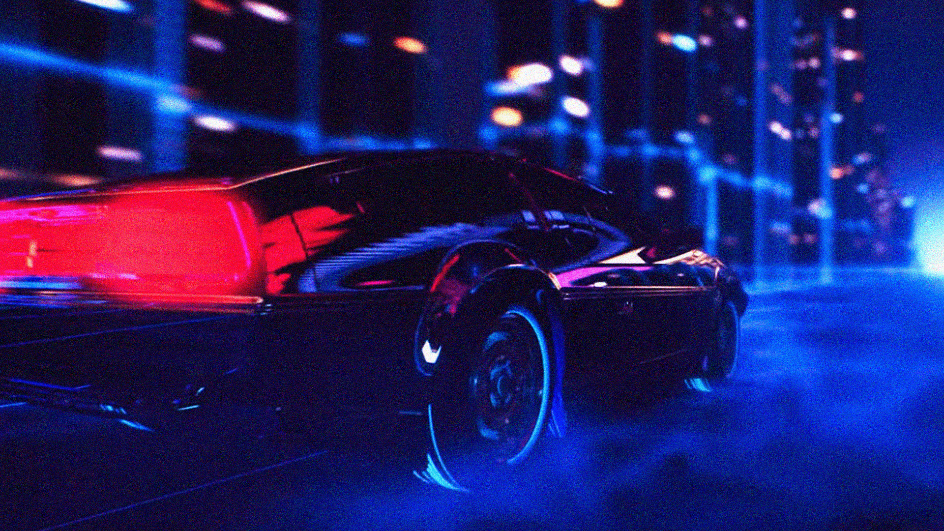 1920x1080 #Retro style, #car, #building, #noisy, #Retrowave