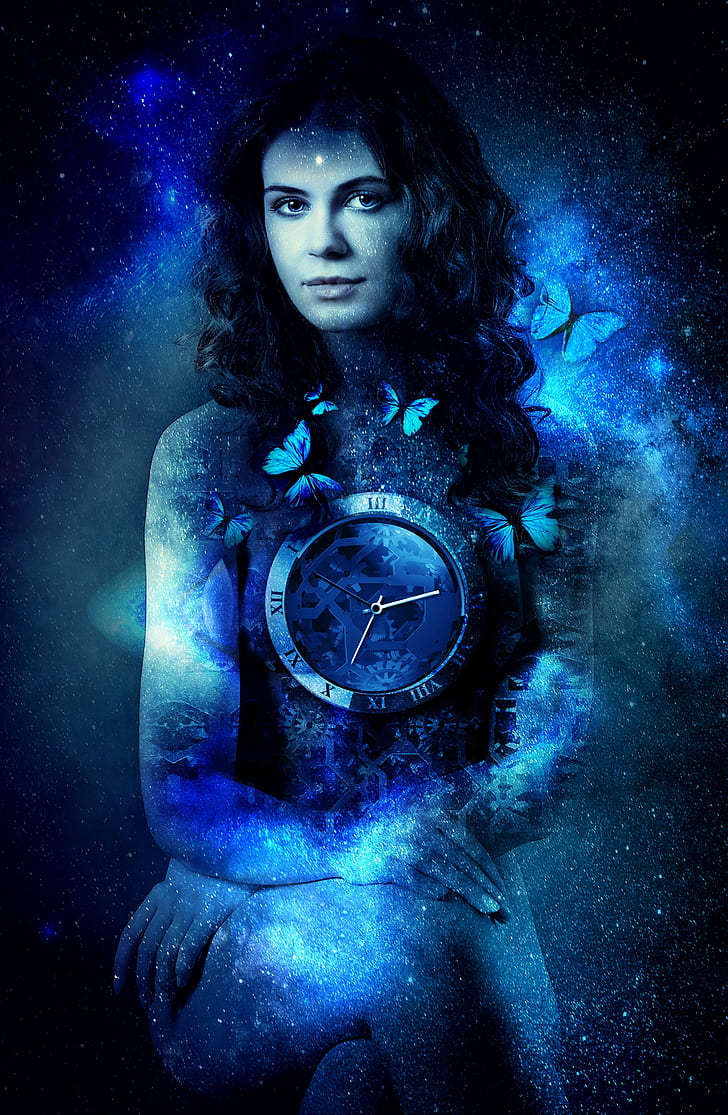 728x1115 Royalty Free Photo: Woman Surrounded With Butterflies With Clock In The Chest Digital Wallpaper