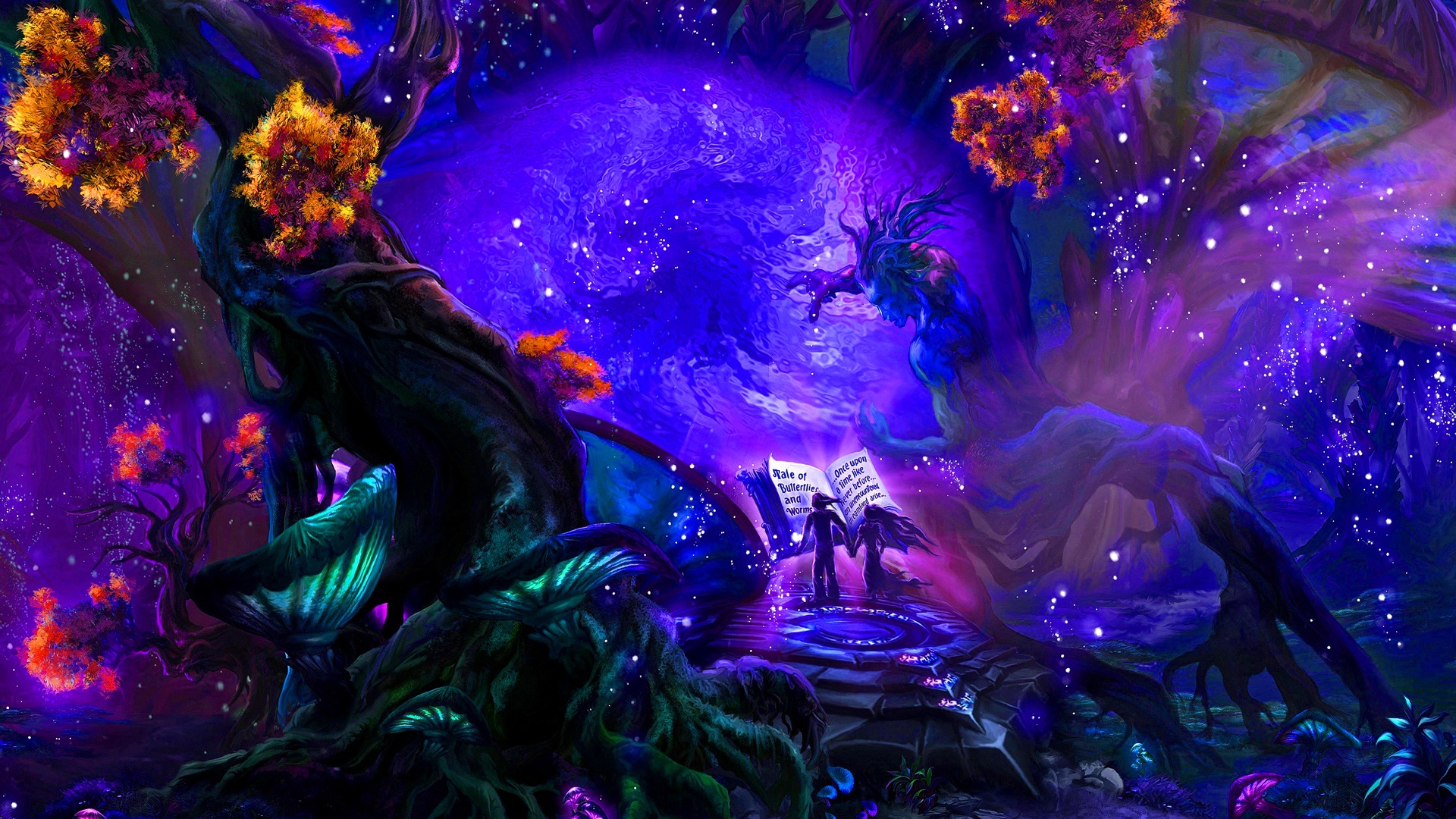 1920x1080 Wallpaper bright colors, trees, magic, mushrooms, haze, book, magic, miracle for mobile and desktop, section фантастика, resolution 1920x1080